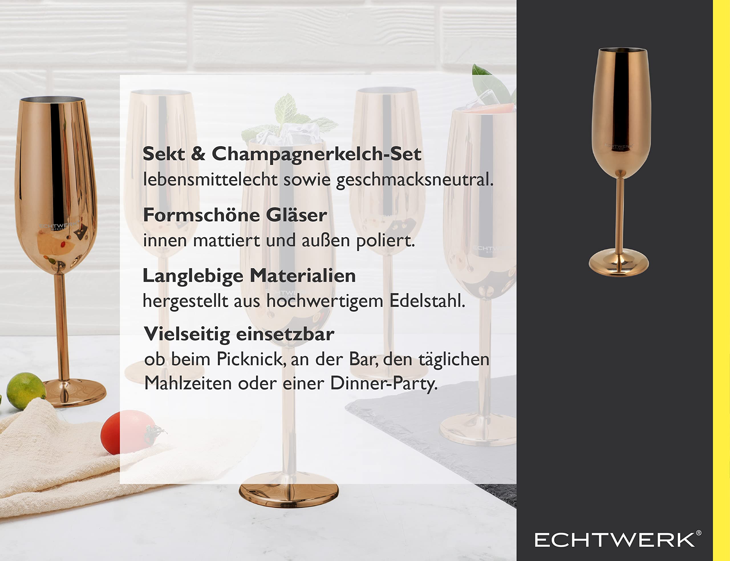ECHTWERK Service de 6 coupes à champagne en acier inoxydable, édition cuivre, 250 ml, 22,5 x 6,3 cm, EW-CG-1770K