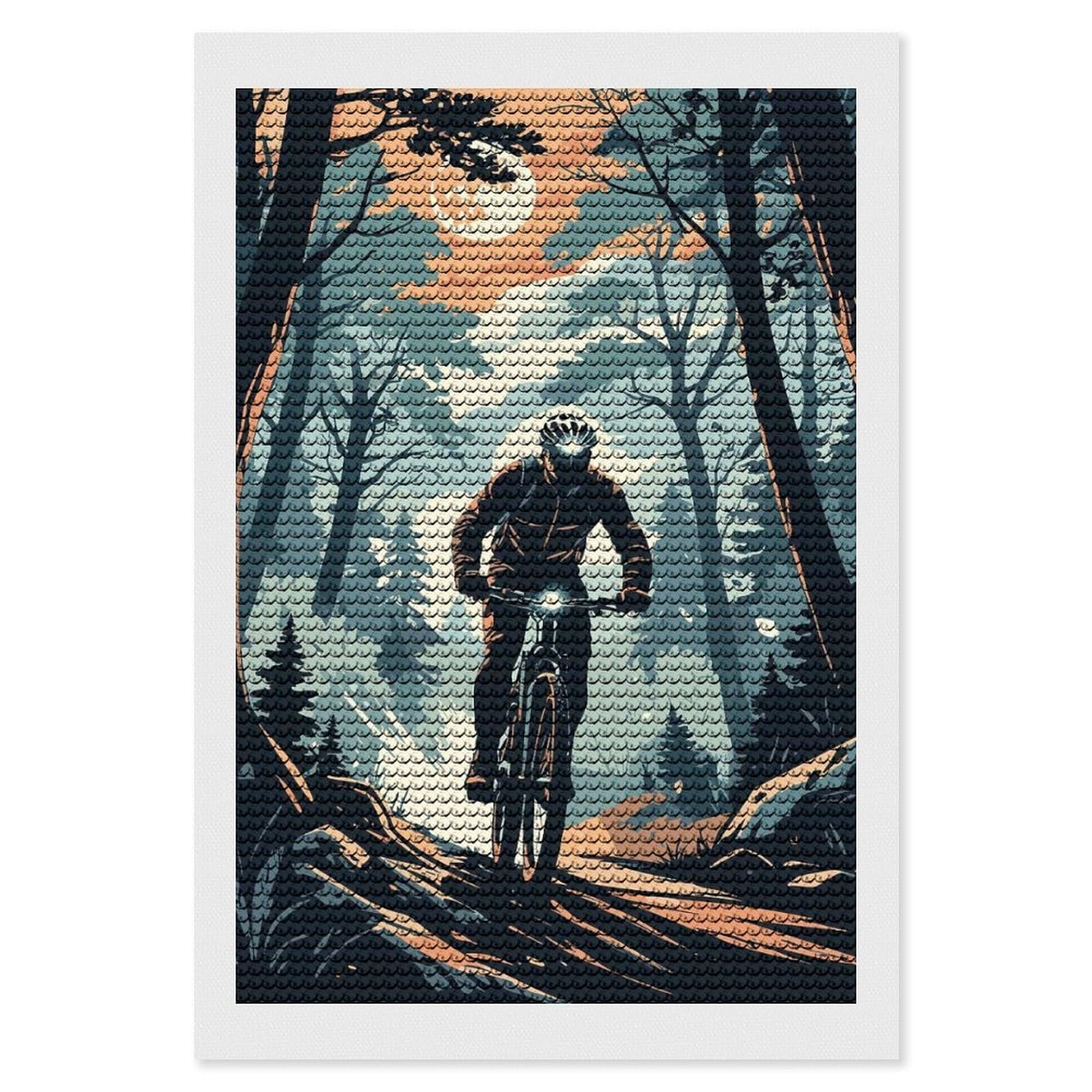 Junmoney Mountain Biker in Forest Illustration Round Drill Diamond Painting 8"x12", Satisfying Creative Project, Complete Accessories, Printed Canvas