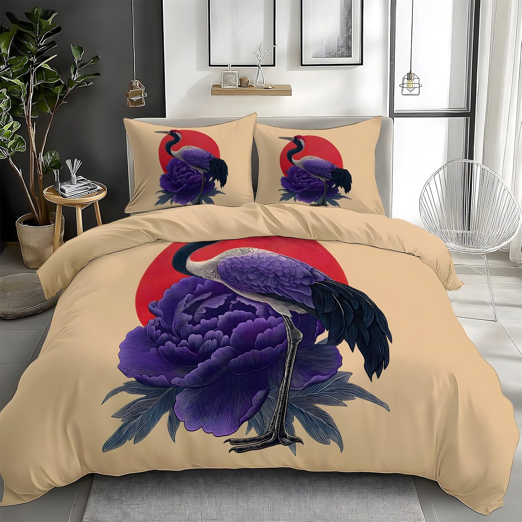 Housse couette enfant pivoine violette 140x200 parure de lit grue à couronne rouge microfibre