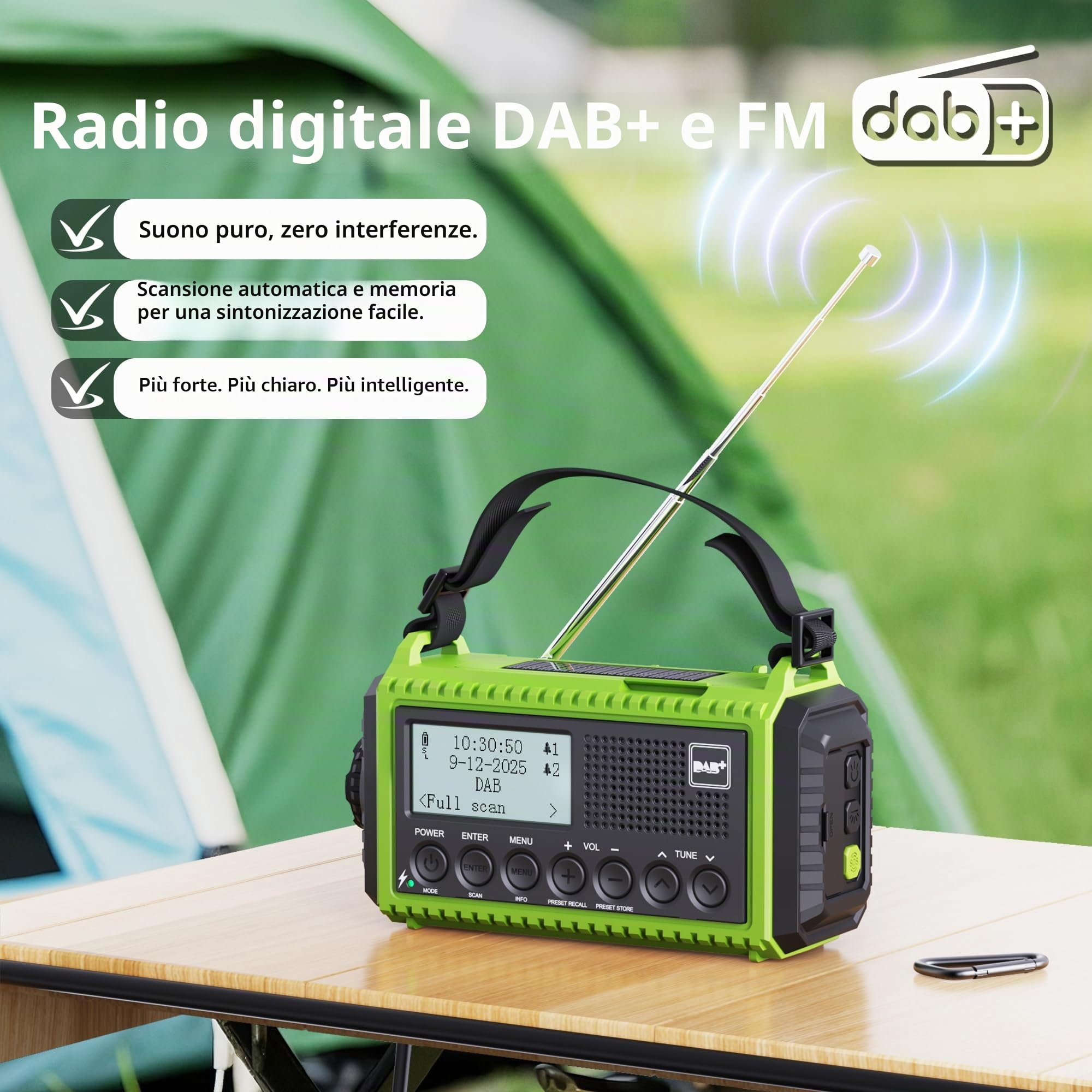 DAB/DAB+/FM radio portatile, Solare Radio a Manovella, Batteria Ricaricabile 5000 mAh, Torcia a LED e Luce di Lettura, Allarme SOS, Impermeabile IPX4, per Escursioni, Campeggio, Emergenza