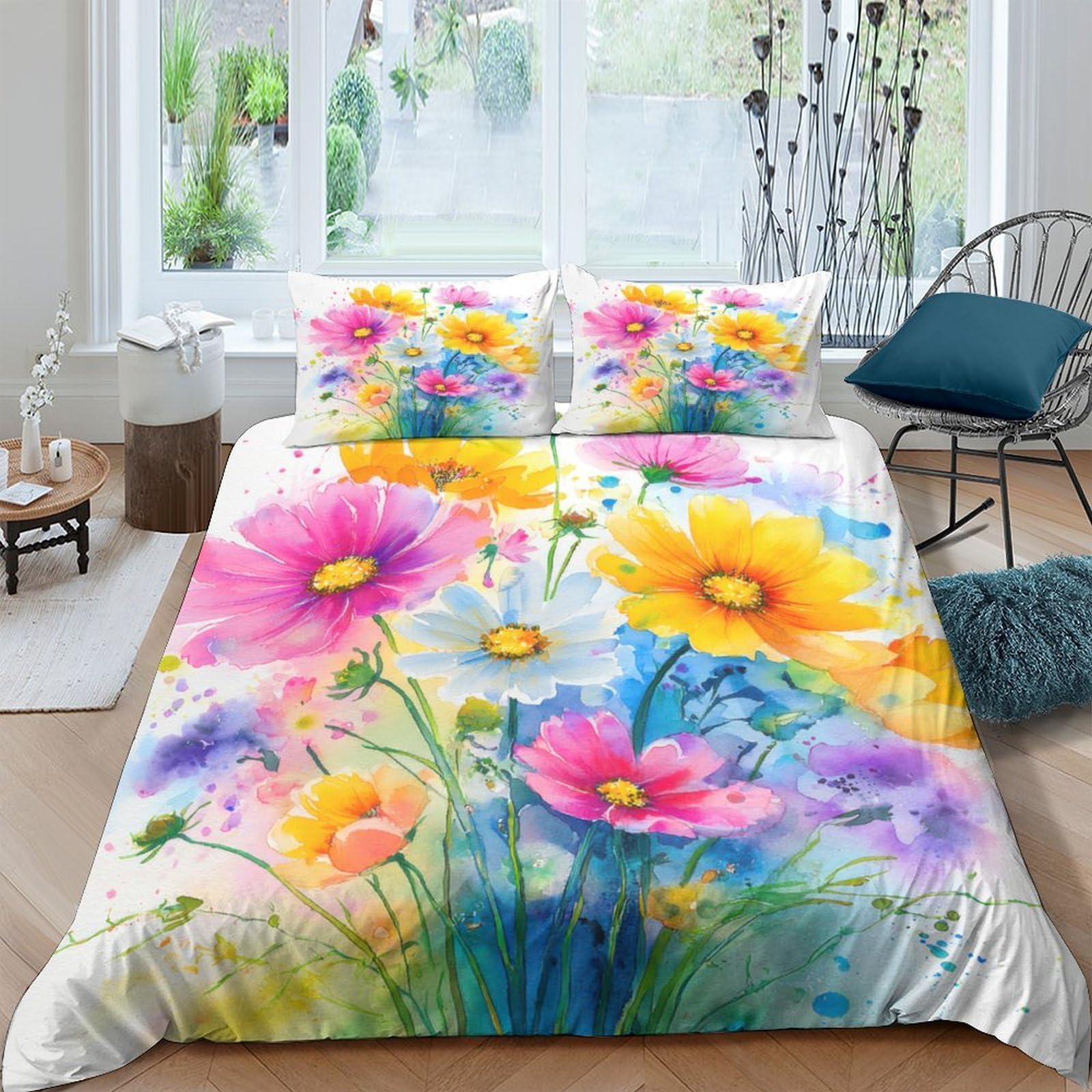Ctjqhvkz Style-2 3D Printed Watercolor Floral Fitted Sheet Microfiber Pink Yellow Daisy Bed Cover For Bedroom Living Guest Room Single（135X200cm）