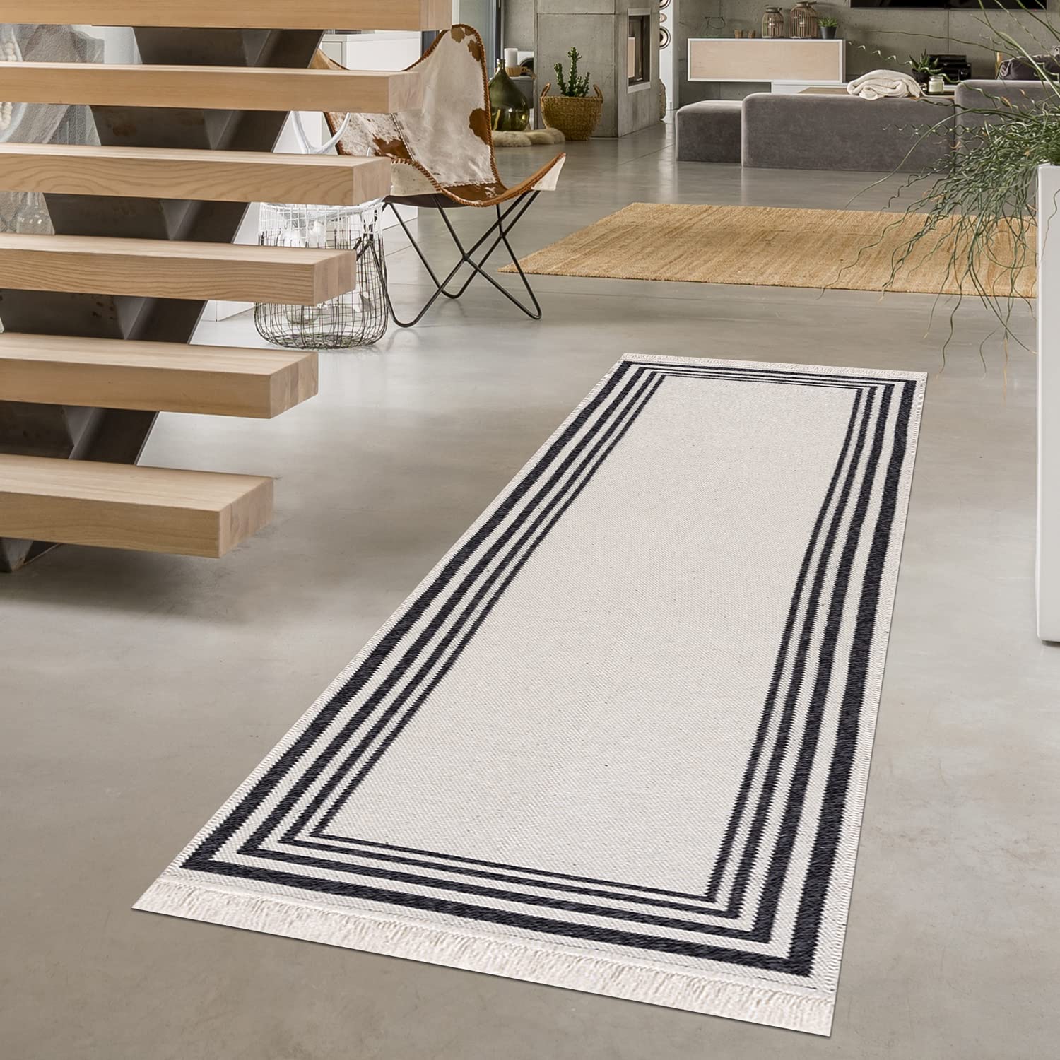 Keen Home Design Area Runner Rugs - 2x8 Reversible and Machine Washable Boho Rug - 100% Cotton - Two Sided Rug for Living Room, Kitchen, Hallway, Bedroom, Entryway - (2’ x 7’7’’, Black)