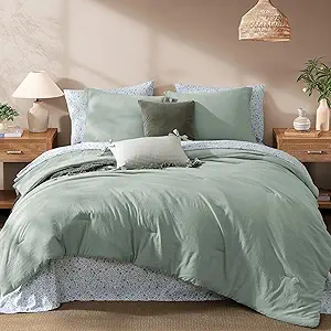 Monbix Full Size Comforter Set - 7 Pieces Sage Green Prewashed Bed in a Bag Full Bedding Sets with Comforters, All Seasons Ultra Soft Comforter Bed Set with Sheets,Pillowcases & Shams