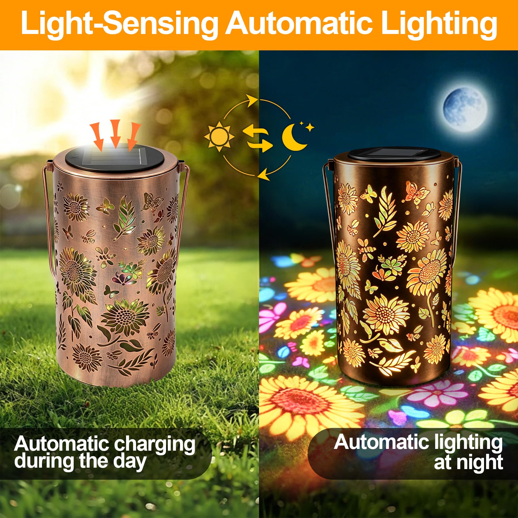 VEEKAY 2 Pezzo Lanterna Solare a Forma di Girasole per Esterno,Lampade Solari da Giardino in Metallo,IP65 Impermeabile,Lanterna Decorativa Da Giardino per Tavolo, Esterni, Terrazzo,Balcone