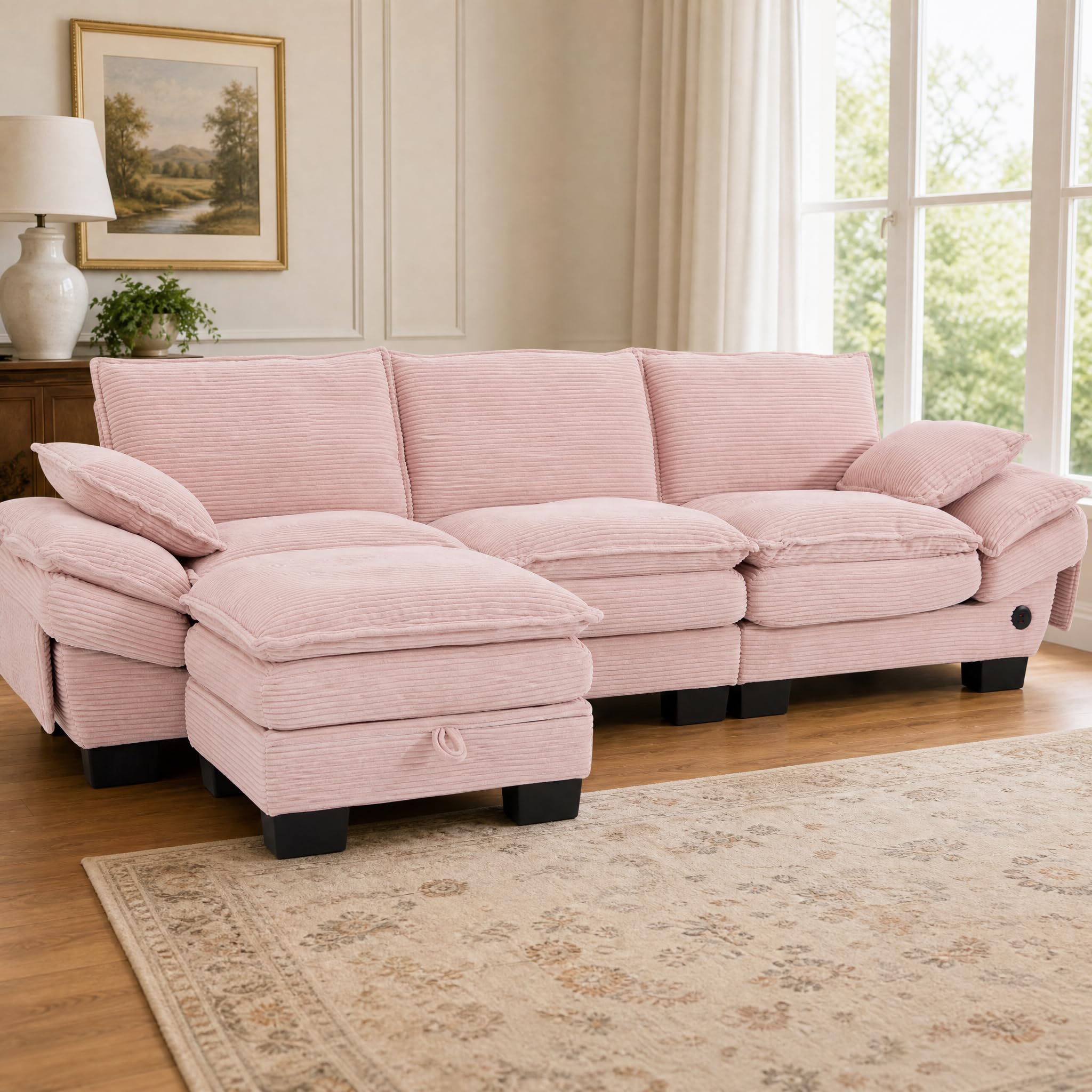 Photo 1 of 102" Oversized Cloud Modular Sectional Sofa with Movable Ottoman, Free Combination Convertible L Shaped Corner Couch Sets,Comfy Corduroy Upholstered Pink Sofa & Couch for Living Room