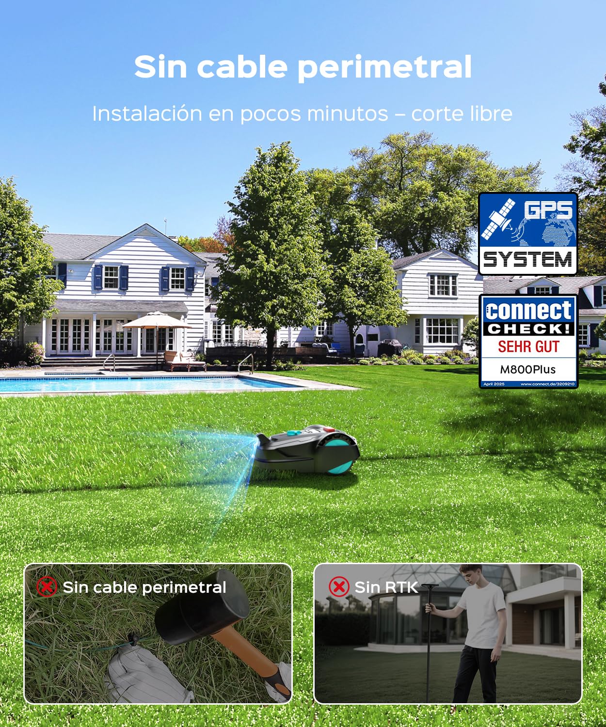 YARDCARE M800Plus Robot Cortacesped sin cable perimetral,máx. 800 m²,posicionamiento GPS + visión IA, trayectorias en U,robot cortacésped sin cable con App,carga automática,detección de 150 obstáculos