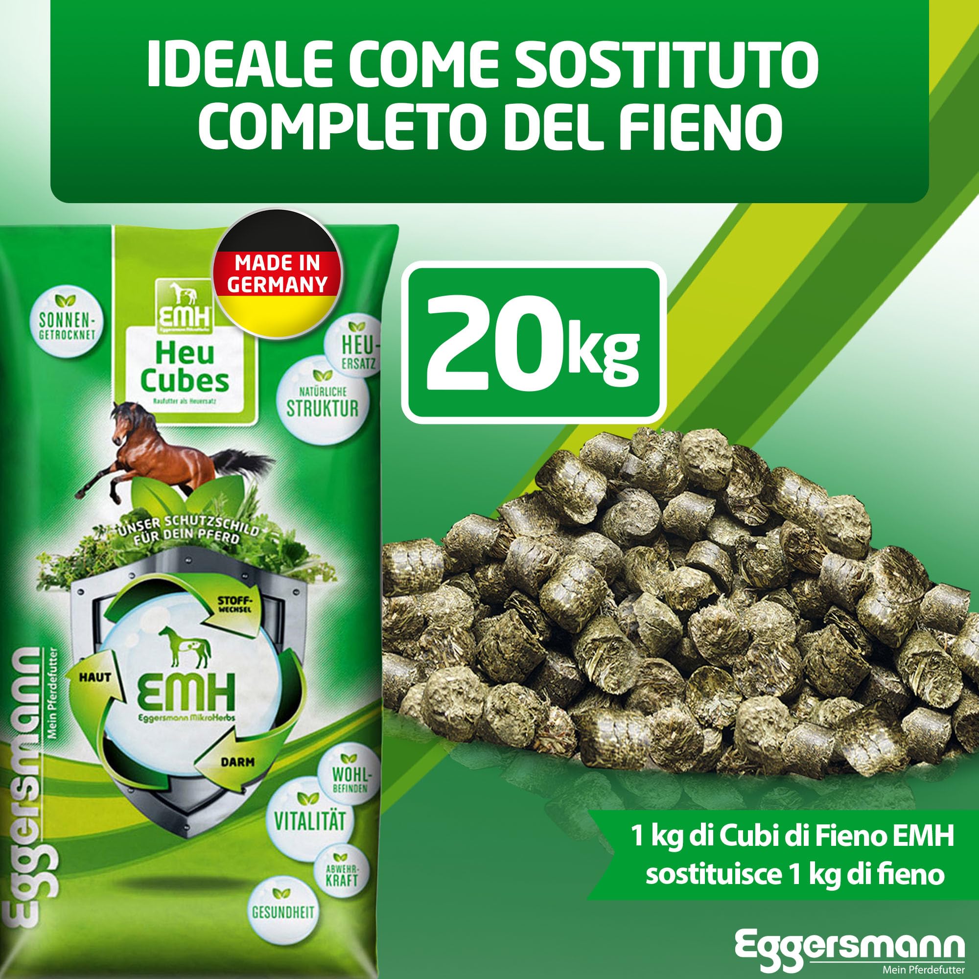 Eggersmann Mein Pferdefutter EMH - Fieno cubes da 20 kg – Mangime grezzo in fieno essiccato al sole ideale come ricambio completo per cavalli e pony, ideale per problemi dentali, produzione tedesca