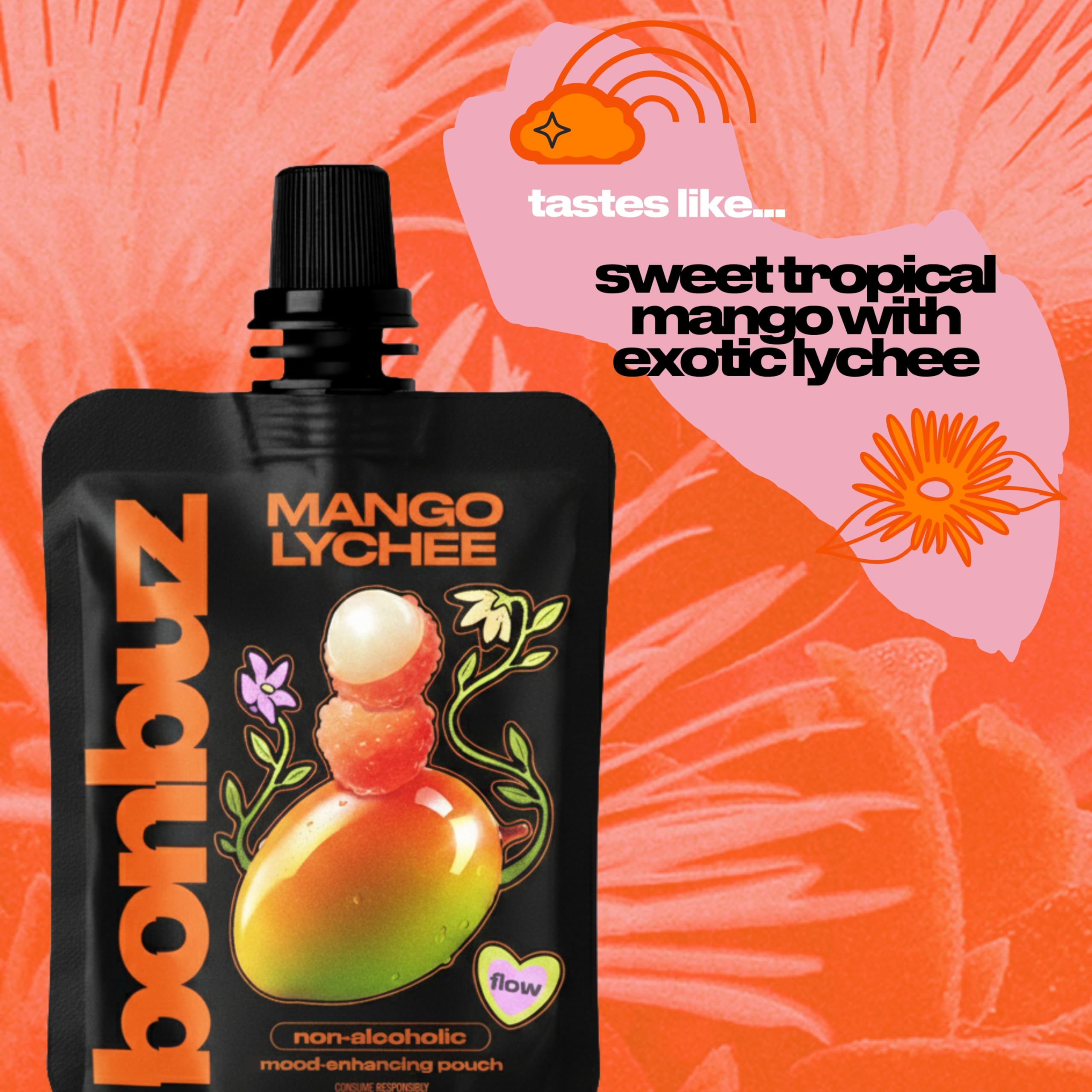 Amazon.com : Bonbuz Mood Pouches Non-Alcoholic Functional Shots with Kanna,  L-Theanine & 5-HTP  Plant-Based Mood-Enhancing Drink for Relaxation, Focus  & Calm Energy  2oz Calm Drink Shooters, Mango Lychee (12 Pack) :