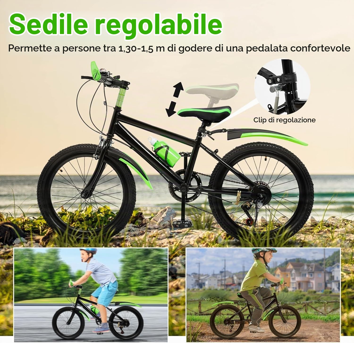 Mountain bike per bambini da 20 pollici, in acciaio al carbonio, con cambio, portabicchieri e freni di sicurezza, robusta bicicletta per ragazzi con portata di 85 kg, per ragazze e ragazzi
