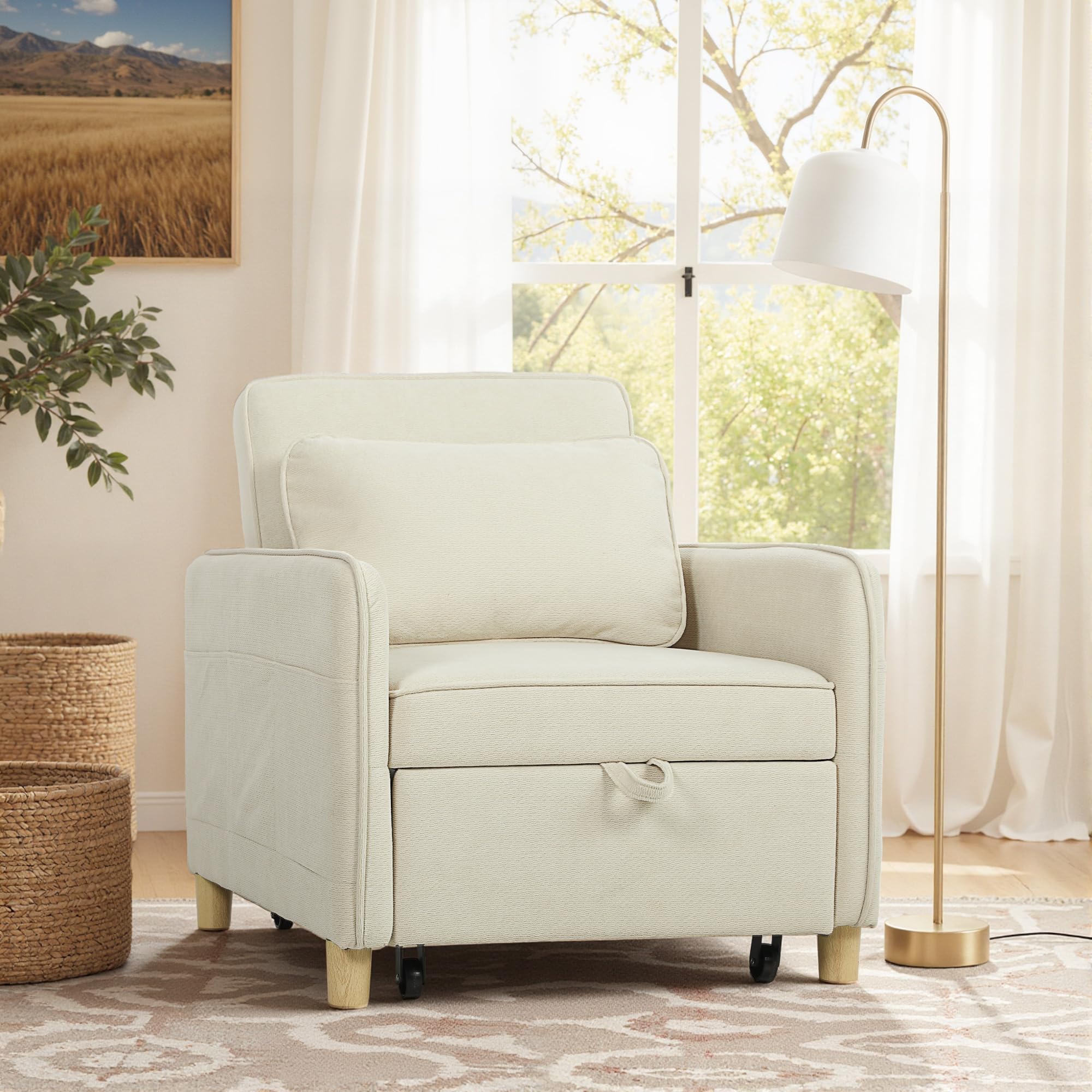 HOMCOM Sofá Cama de 1 Plaza 3 en 1, Sofá Cama Plegable Tapizado en Terciopelo Ecológico con Respaldo Ajustable 3 Niveles, 6 Bolsillos Laterales y Almohada, para Dormitorio, Salón, 74x85,5x82 cm, Beige