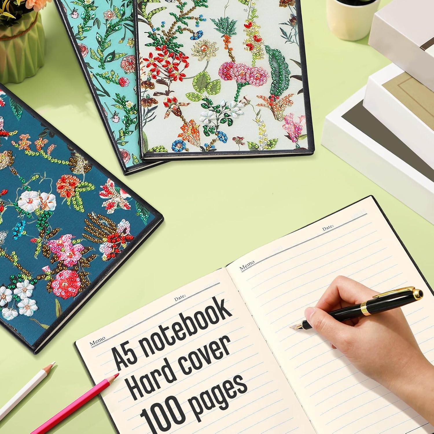 Mooliwe 4 Pcs Diamond Painting Notebook for Adults, Diamond Art Journal DIY Art Kits Sets A5 Leather Painting Sketchbook Christmas Gifts for Adults Beginners(Summer Floral)