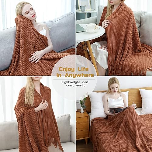Miniatura 5 de Blagic Manta de punto para sofá, manta suave de estilo rústico bohemio para otoño con borlas, manta ligera decorativa para el hogar, manta naranja