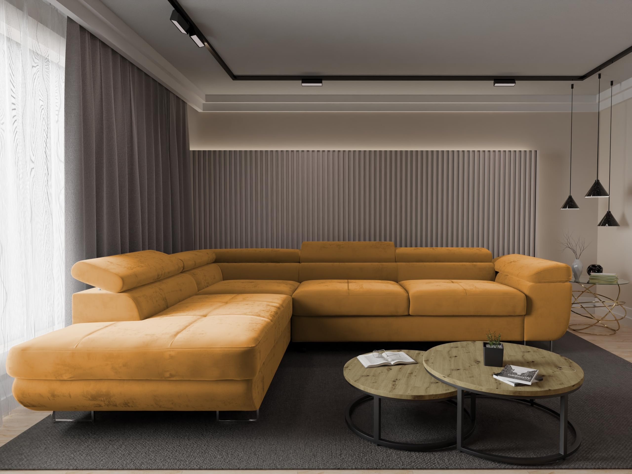 Ecksofa Luna mit Schlaffunktion und Bettkasten – 275x202 cm – verstellbare Kopfstützen – Liegefläche 193x125 cm – Couch – Schlafsofa – L-Sofa mit Stauraum (Monolith 48 Gold, Seite: Links)