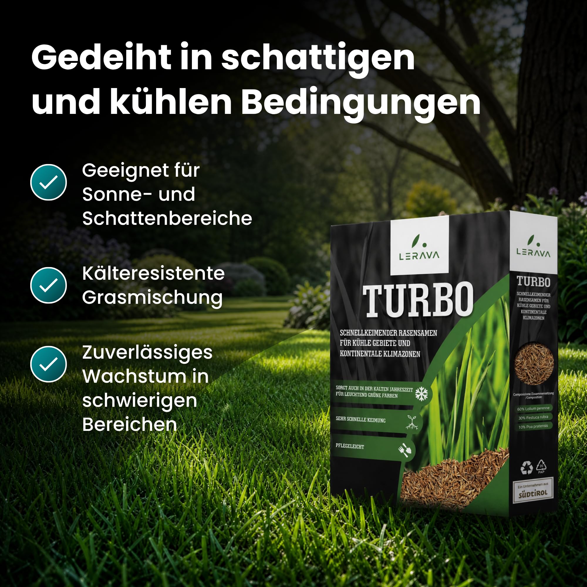 LERAVA Turbo Rasensamen schnellkeimend (360 m²) - Schattenrasen für kühle Gebiete - Leuchtend grüner & robuster Grassamen zur Nachsaat - Rasensaat für Frühjahr & Herbst