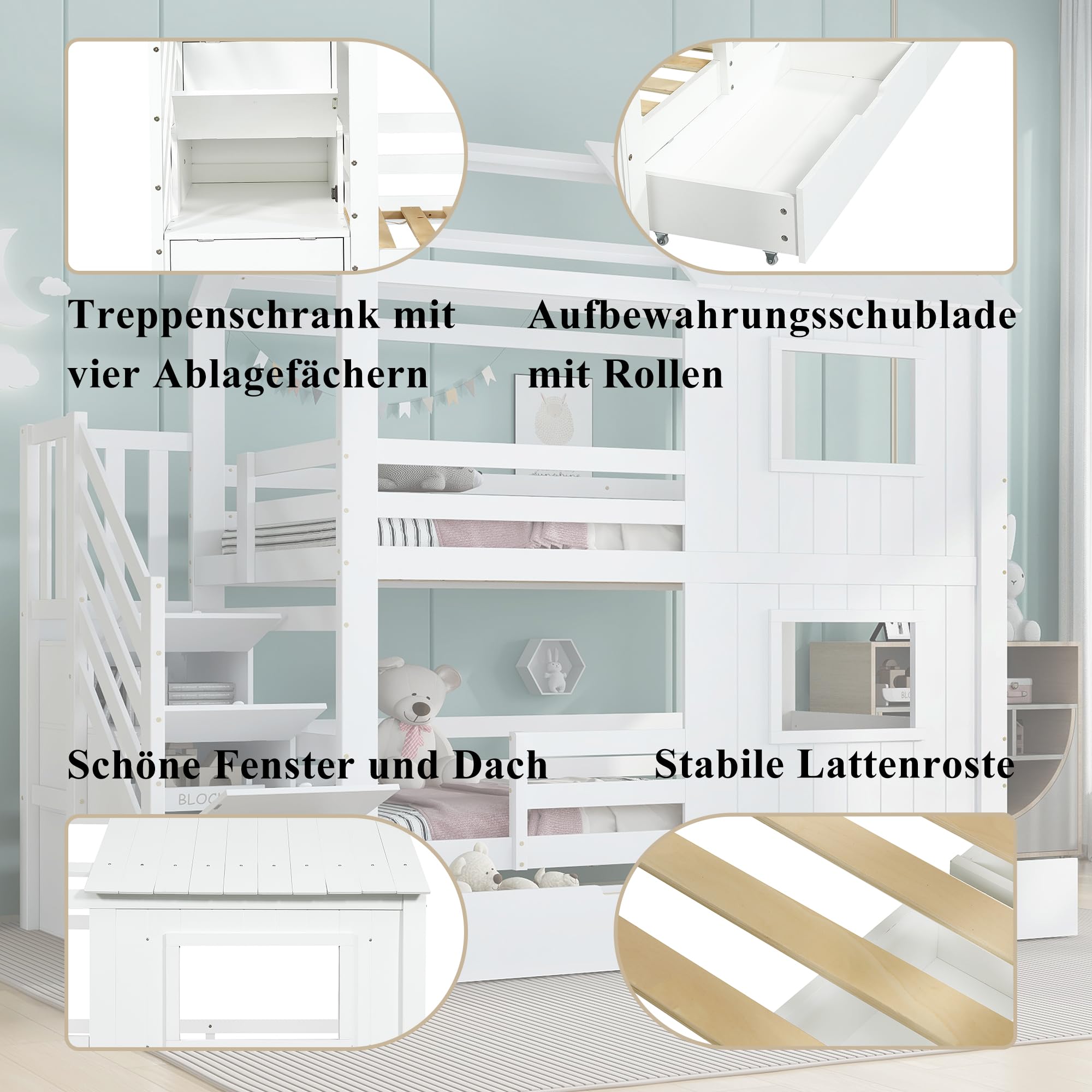 Letto a castello, 90 x 200 cm, per le scale con ripiani, cassetto portaoggetti con ruote, belle finestre e tetto, rete a doghe in legno di pino + MDF + compensato, bianco