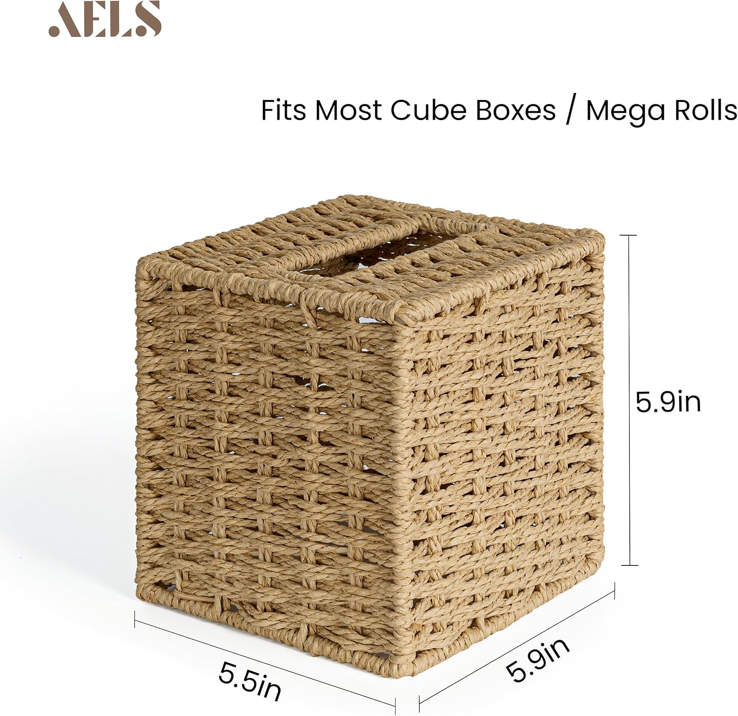 AELS Farmhouse Tissue Box Cover Square, Hand Woven Strawpaper Facial Tissue Paper Holder, Cute Tissue Box Holder Square, Boho Bathroom Decor Box for Tissues Cube Box w/Elastic Bottom, Natural