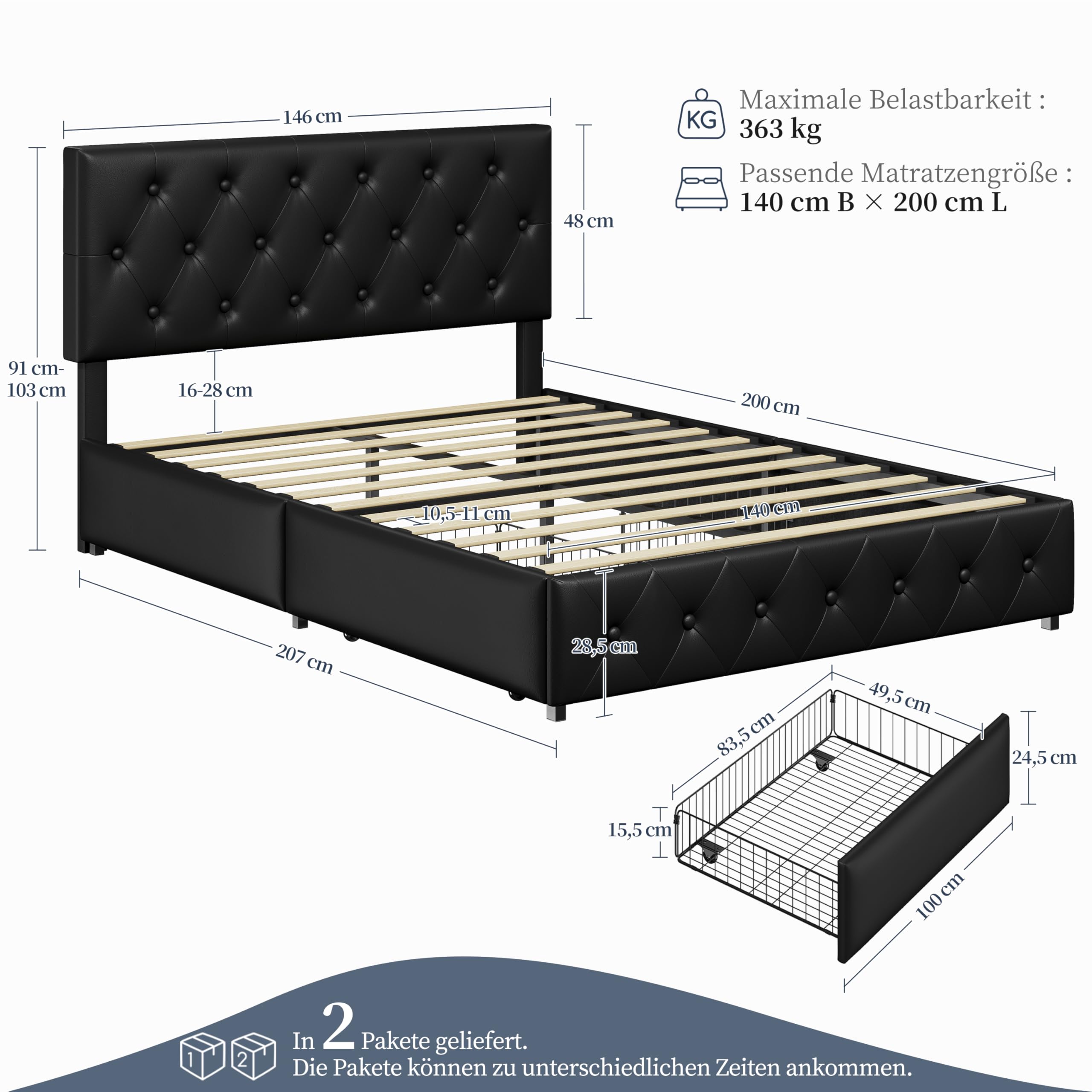 Yaheetech Polsterbett 140 x 200 cm Doppelbett Bettrahmen mit 2 Schubladen | Höhenverstellbares Kopfteil Jugendbett Gepolstertes Bett mit Lattenrost viel Stauraum, Schwarz