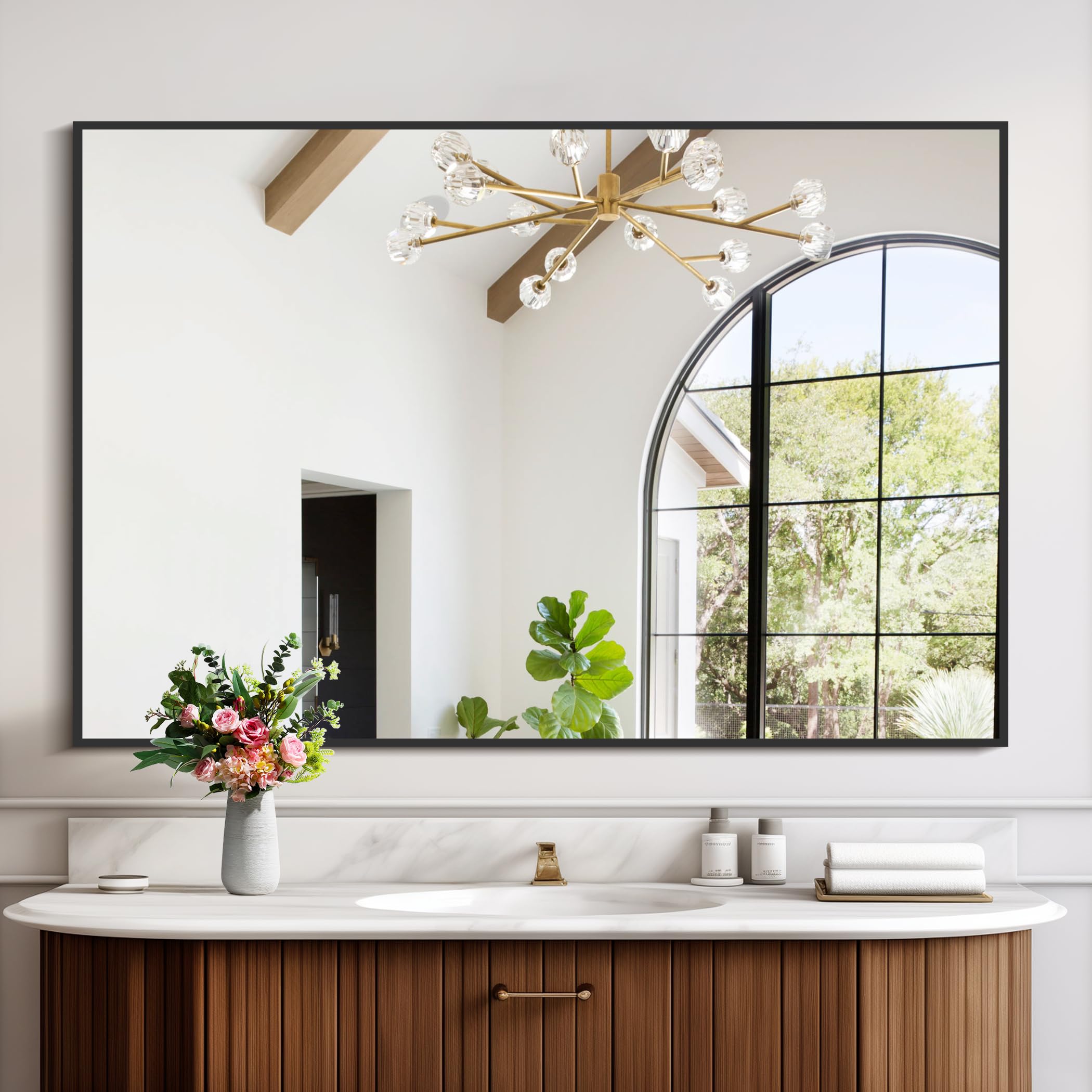 Black Bathroom Mirror for Wall, 32x48 Inch Rectangle Mirrors with Metal Frame, Modern Vanity Wall Mirror Decor for Bathroom Living Room, Entryway Hangs Horizontal or Vertical