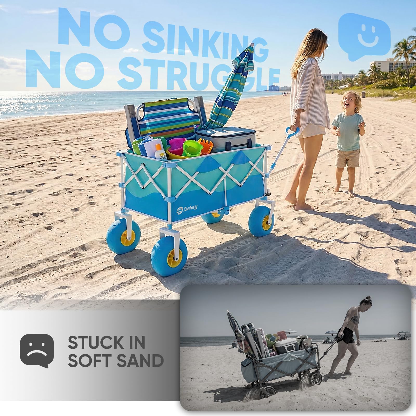 Sekey Heavy Duty Beach Wagon with 9" Big Sand-Proof Wheels – 600lb Capacity, 200L Oversized Foldable Cart | Adjustable Handle & All-Terrain Tires for Sand, Camping, Groceries - 3