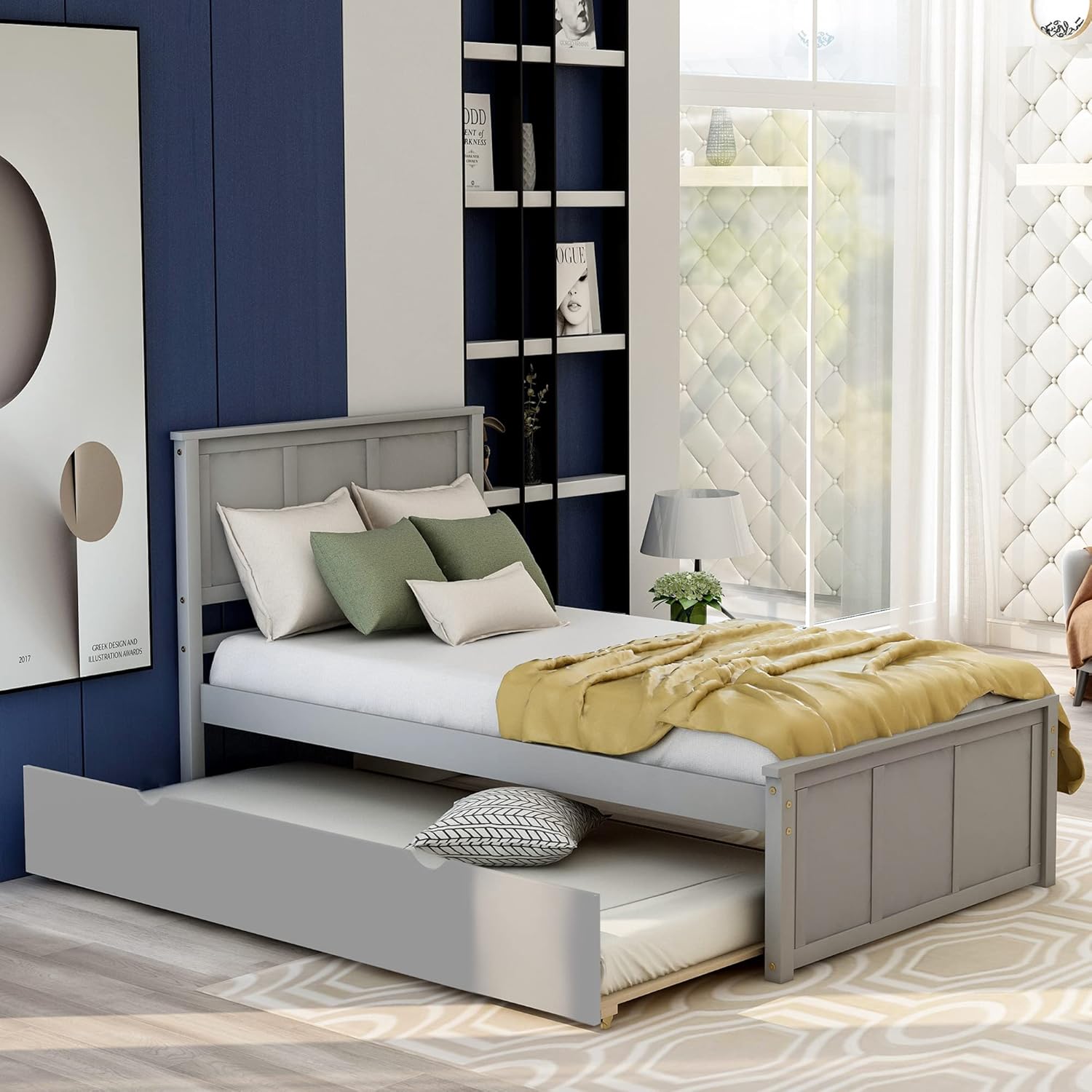 Platform Bed with Trundle, Minimalistic Stylish Wood Twin Bed Frame with Headboard, Simple Assembly and Retro Appearance (Gray)