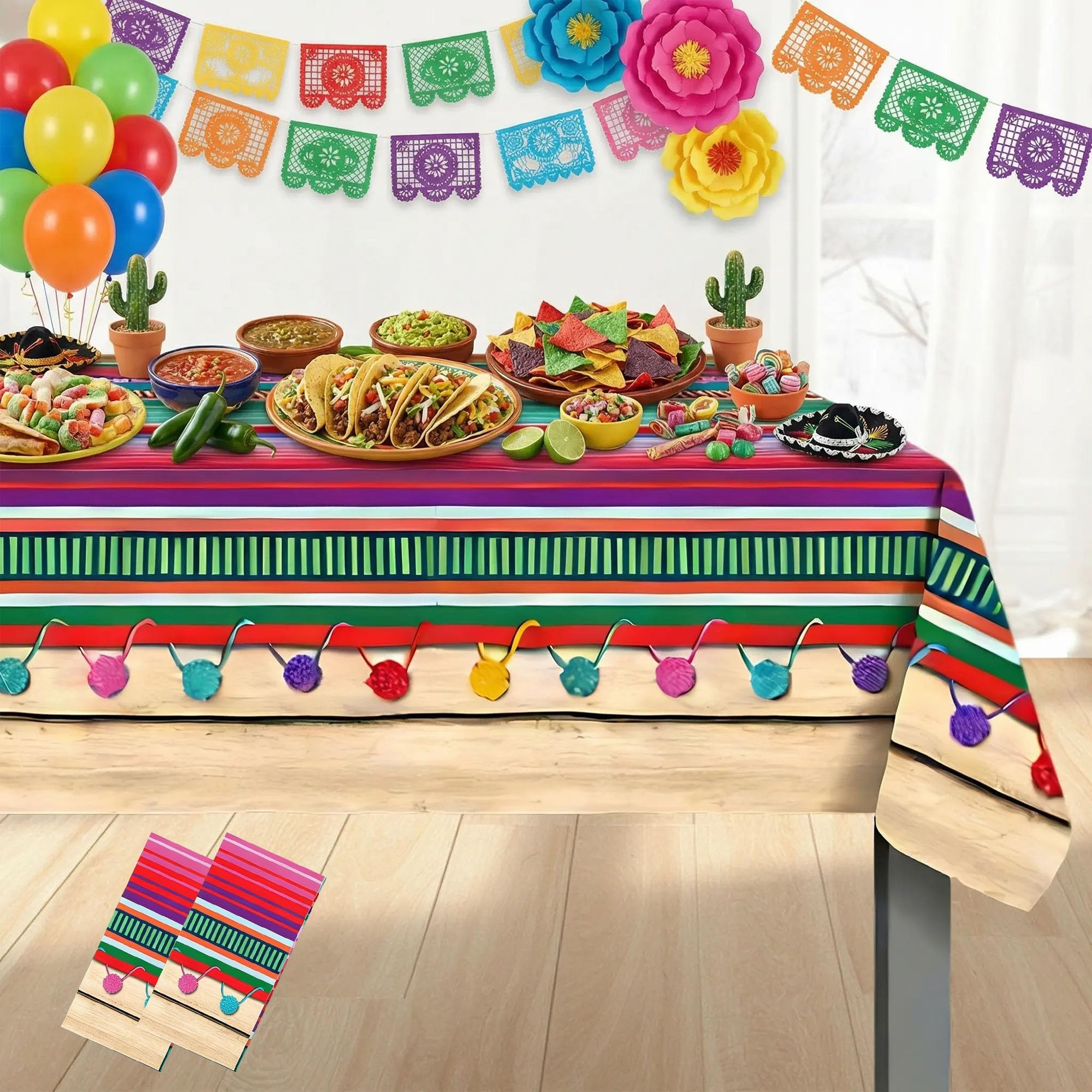 Mexican Fiesta Party Table Cloth: 130×220CM Serape Striped Summer Outdoor Picnic BBQ Taco Night Birthday Pom Pom Tassel Plastic Disposable Rectangular Table Cover Mexico Cinco De Mayo Decors(2 Pcs)