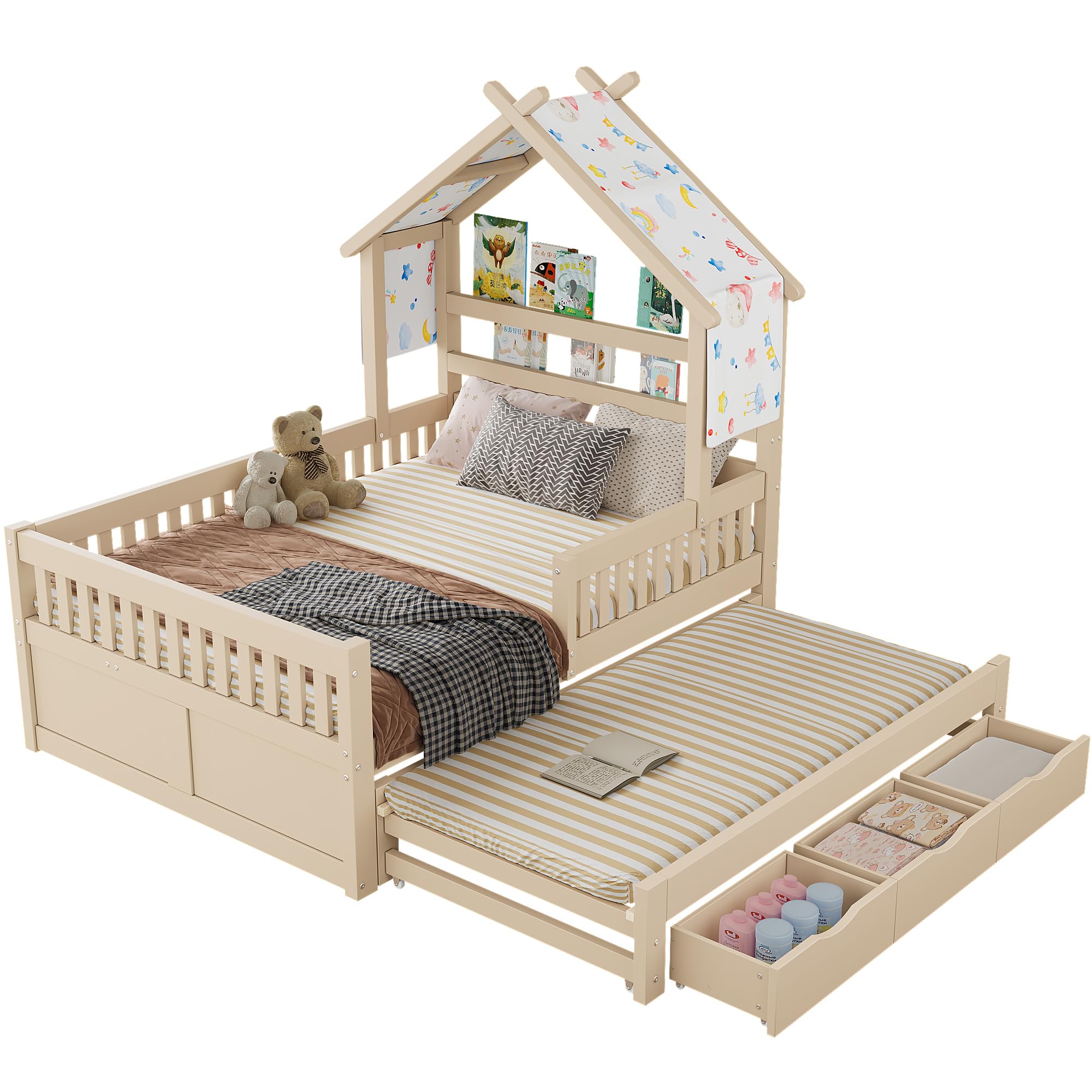 Soweiz Kinder Hausbett mit Rausfallschutz, Ausziehbett & Stauboxen, Holz Jugendbett 140x200cm Haus Bett für Kinderzimmer, Stabil Kinderbett mit Dach Design (Cream)