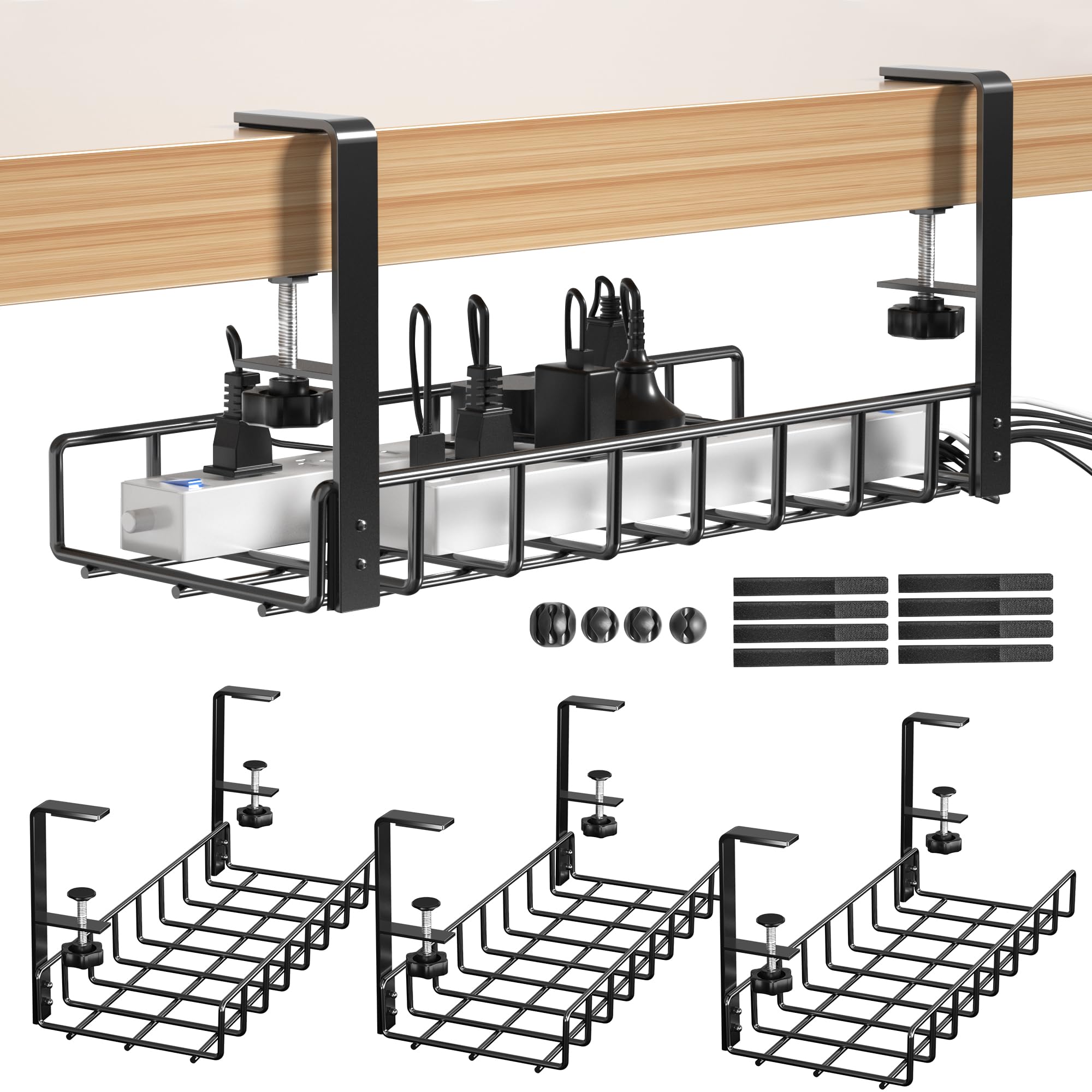 3 Pack Cable Management Under Desk Tray, 47.1" No Drill Under Desk Wire Management with Upgraded Clamp, Metal Cord Organizers with Cable Organizers,