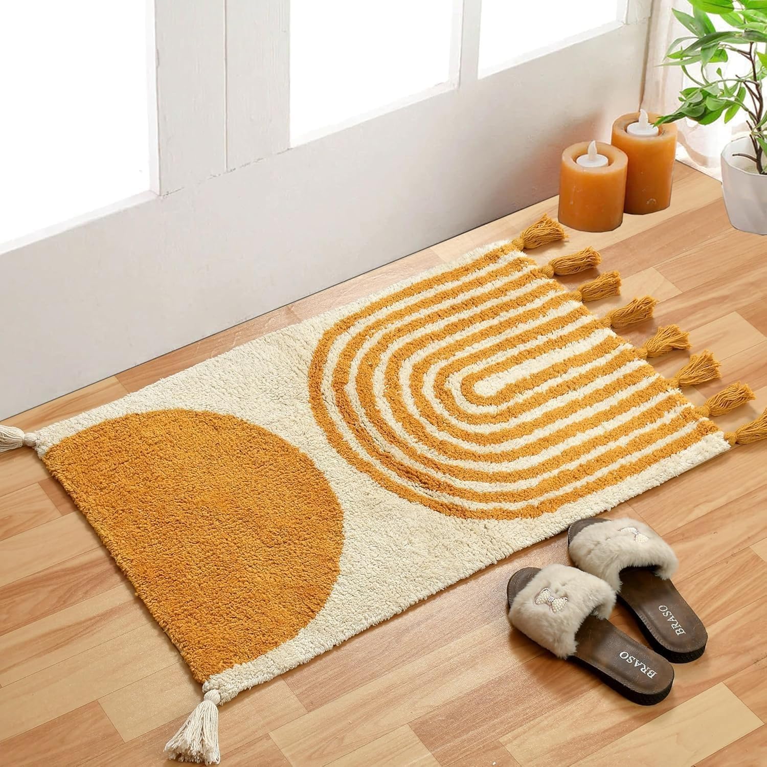 Tarantaran 100% Cotton tuffted Modern Geometric Area Rug, Mustard Yellow and Cream, Decorative Tassels, Indoor Floor Mat | Tufted Square mat | (1)-image-32