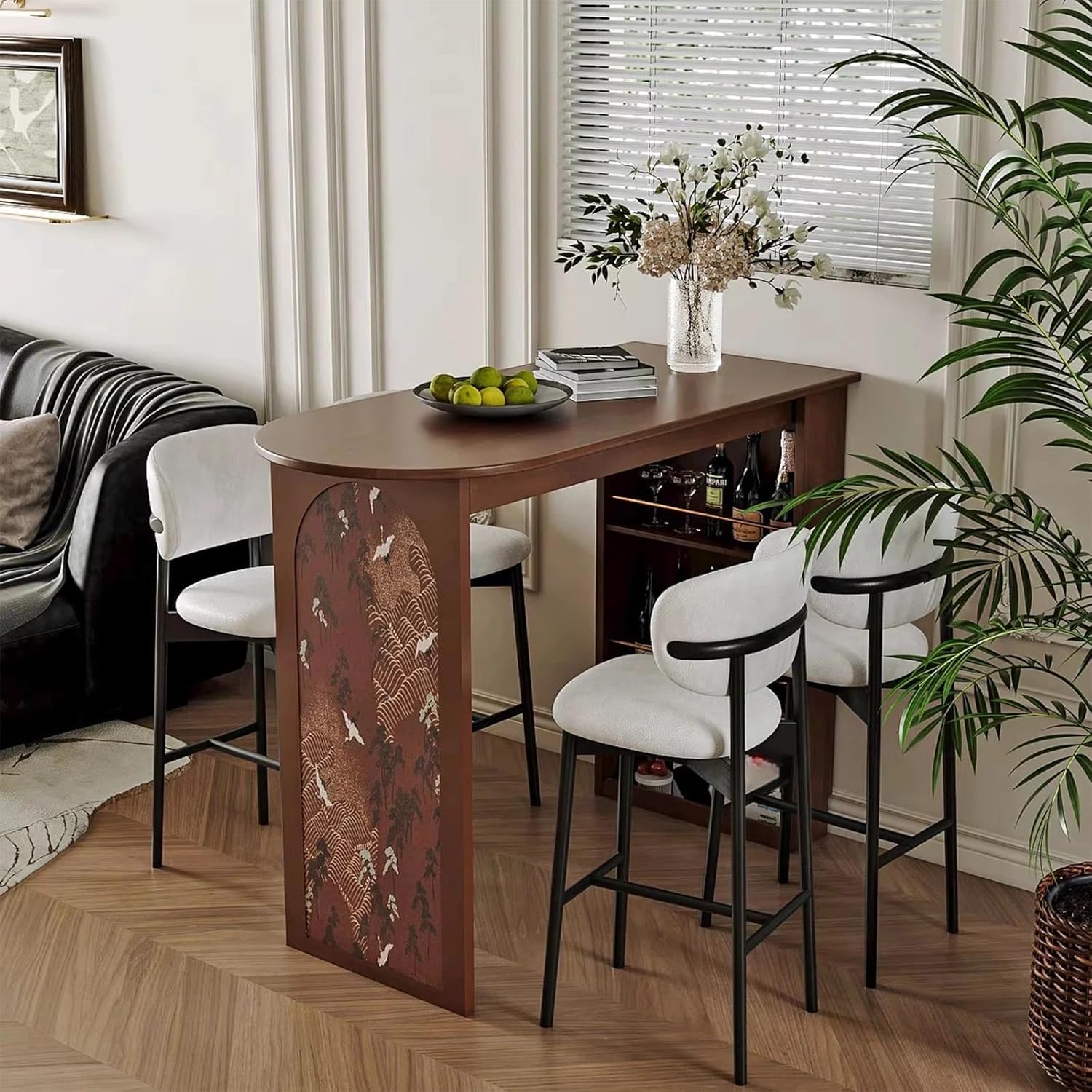Storage Trolley Wood Bar Island Table with Side Shelves Decorative Crane Motif Panel Shelving Organizer