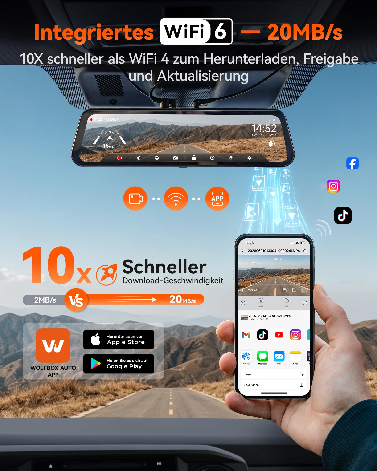 WOLFBOX G900 Core-N 12" 4K Rückspiegel Kamera, 8MP STARVIS 2 IMX678