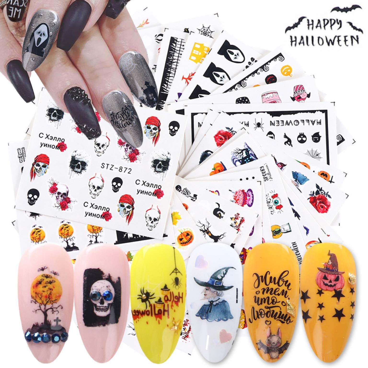 Halloween Party Nail Art Water Transfer Stickers - 24Sheets Mixed Pattern Metallic Nail Stickers,Manicure DIY Nail Decals, Skull Devil Ghost Face Eye Blood Clown Art Design Nail Decorations