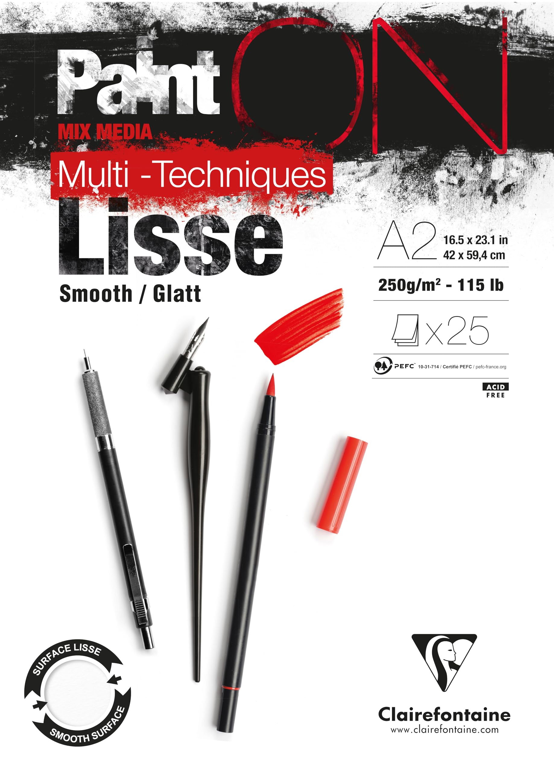 Clairefontaine - Ref 975731C - Paint'On Multi-Technique Lisse Drawing Paper (25 Sheets) - A2 Size, 250gsm Paper, Acid Free - Suitable for Multiple Techniques