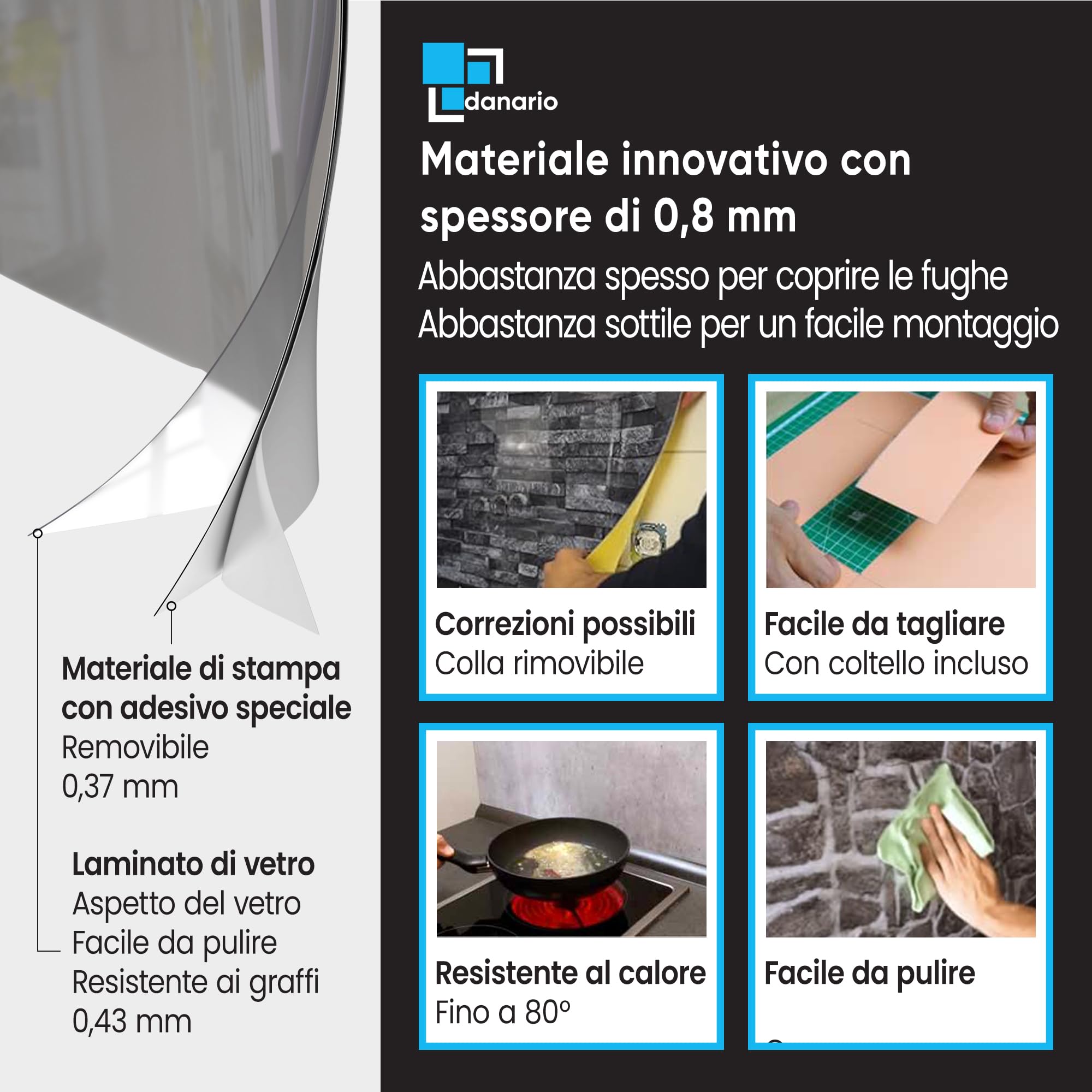 danario Rivestimento Paraschizzi Cucina Adesivo da Parete I Effetto Vetro I Spesso e Rigido I Ignifugo e Resistente all'Acqua I 0,80 mm I Bianco - 60cm x 60cm
