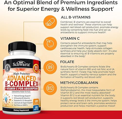 Miniatura 4 de Complejo de vitamina B con vitamina C para una máxima absorción, metilcobalamina b12 y suplemento de ácido fólico folato - B1 B2 B3 B5 B6 B7 B9 para