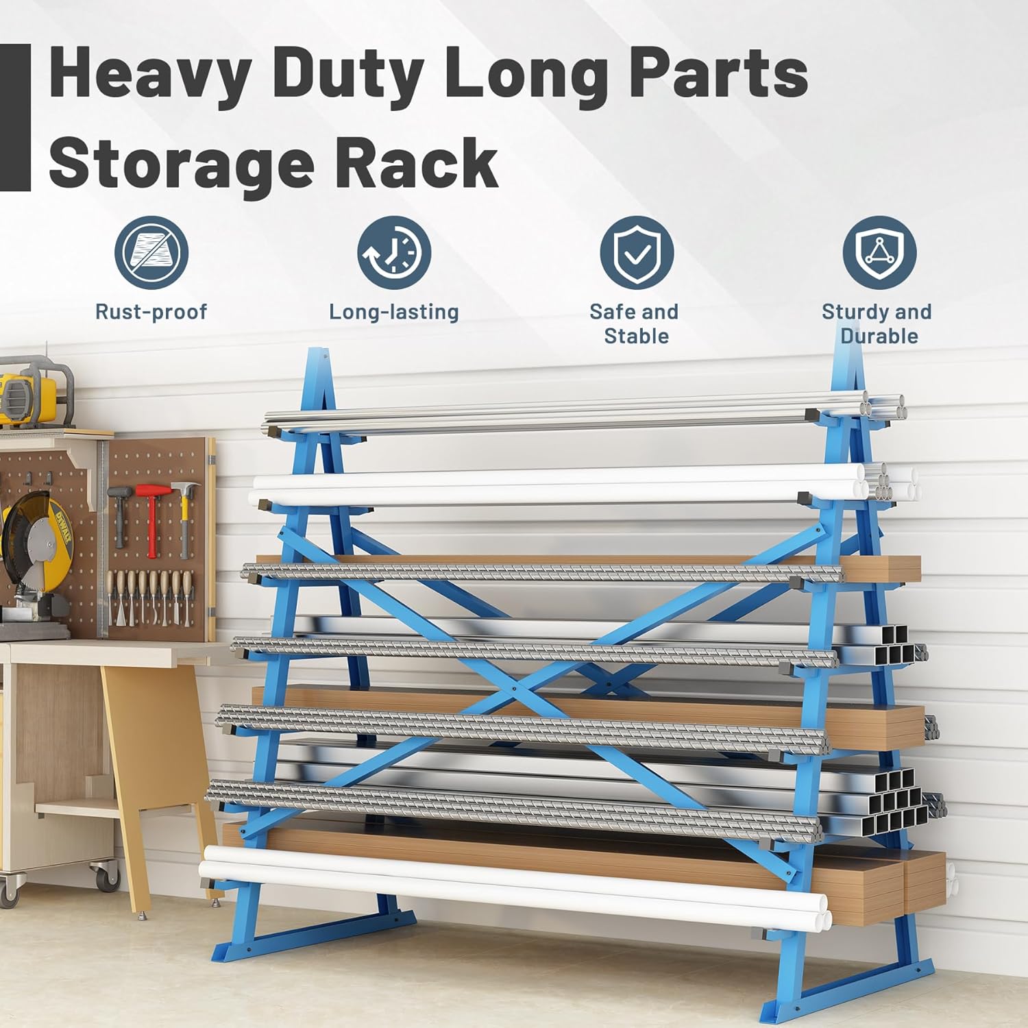 2000lbs Horizontal Lumber Storage Rack, 7-Tier Floor Standing Adjustable Storage Rack, Heavy Duty Steel Bar, Pipe, Long Parts Organizer Shelf for Garage Workshop Shed Basement, Blue