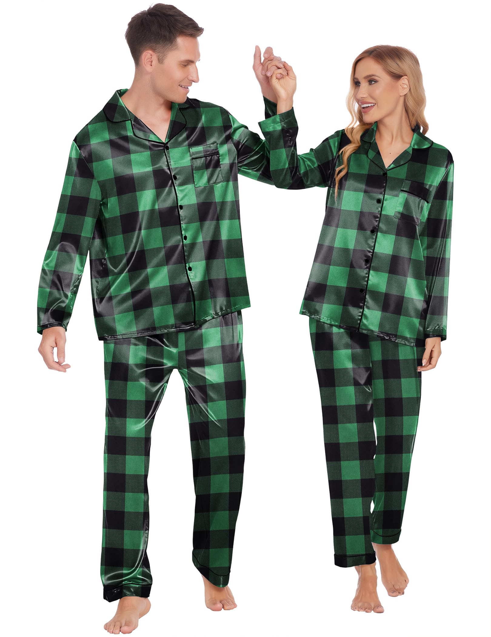 Ekouaer Pijamas a juego para parejas, de seda, de manga larga, de satén, suave, con botones, tallas S-XXL, Cuadros negros y verdes., Medium