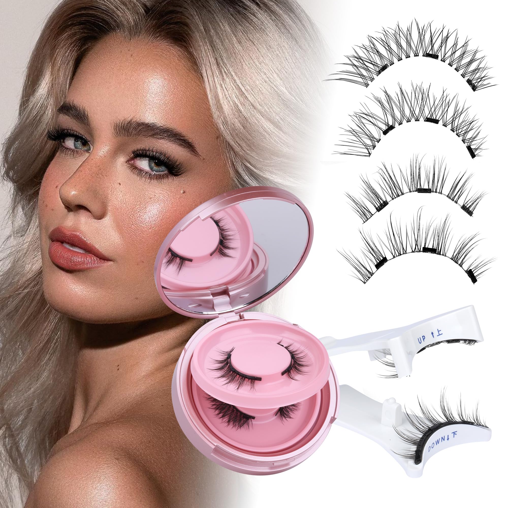JIMIRE Magnetic Eyelashes - Natural Look Wispy Cat Eye 2 Pairs Reusable Lashes with Applicator, No Glue Needed, Beginner Friendly, Easy to Wear