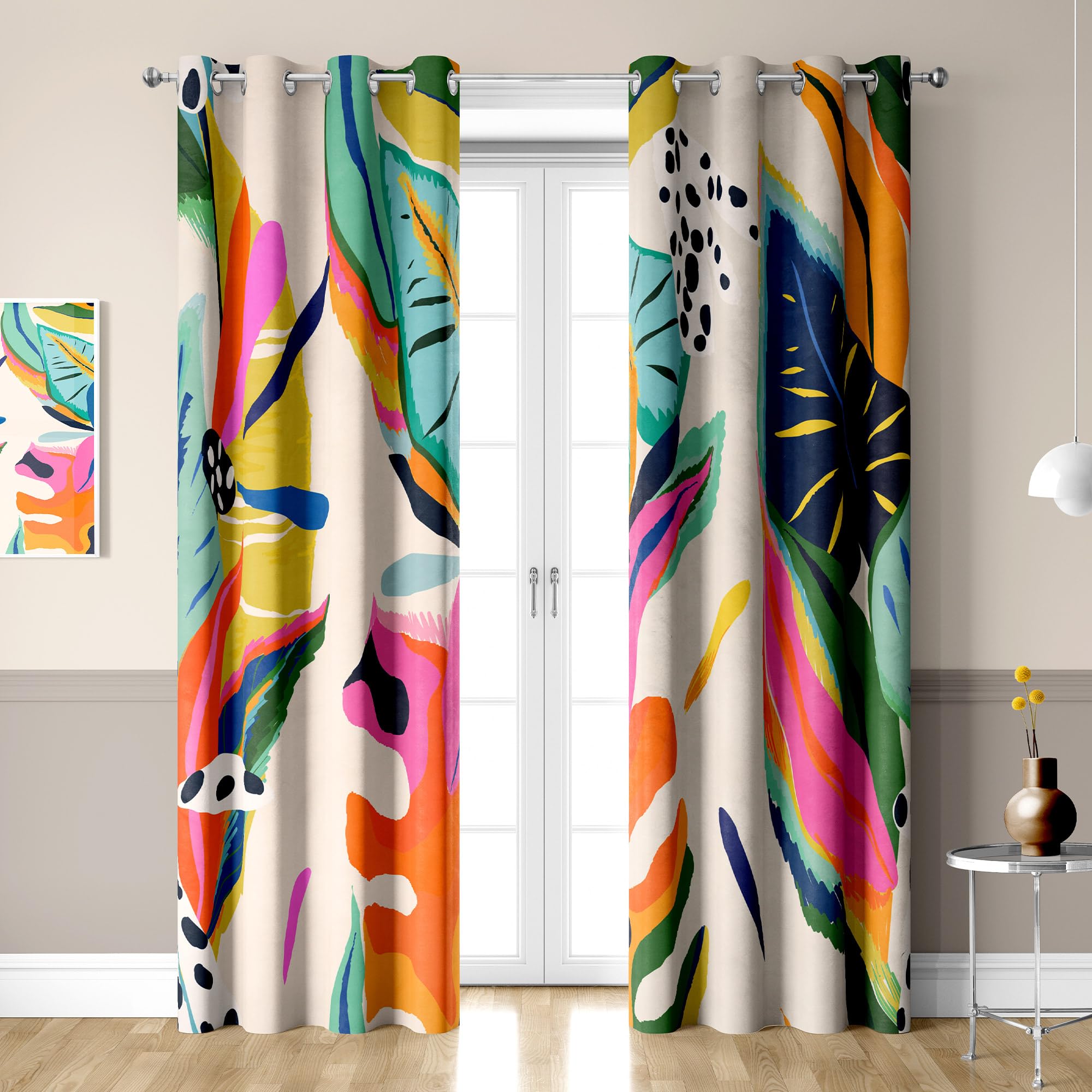 PAOPOED Boho Floral Abstract Black Out Window Curtains, Jungle Colorful Asthetic Modern Art Bohemian Decor for Bedroom, Living Room, Art Gallery