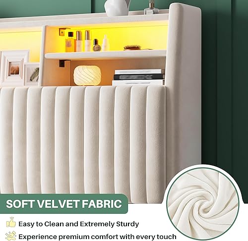 Miniatura 5 de Base de cama tamaño Queen, marco de cama de terciopelo con estación de carga y luces LED, cabecera capitonada de canal vertical con estantes de