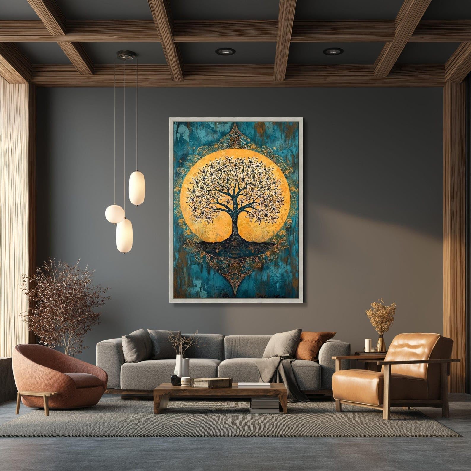 LMYCHENG Obraz na płótnie drzewo życia, niebieski i złoty plakat w stylu vintage, duchowy obraz boho na płótnie, dekoracja ścienna do domu (50 x 70 cm/wewnętrzna rama)