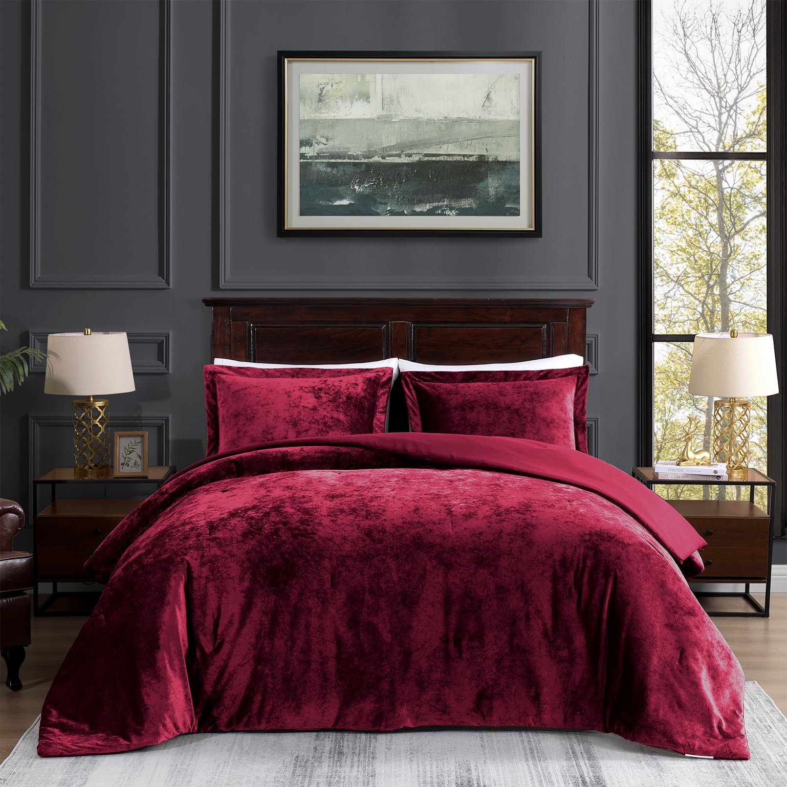 TAMGHO Crushed Velvet Maroon Burgundy King Size Comforter Set, Dark Red Luxury Soft Fluffy Bedding for All Seasons, 3 Pcs Bed Set Includes 1 Comforter