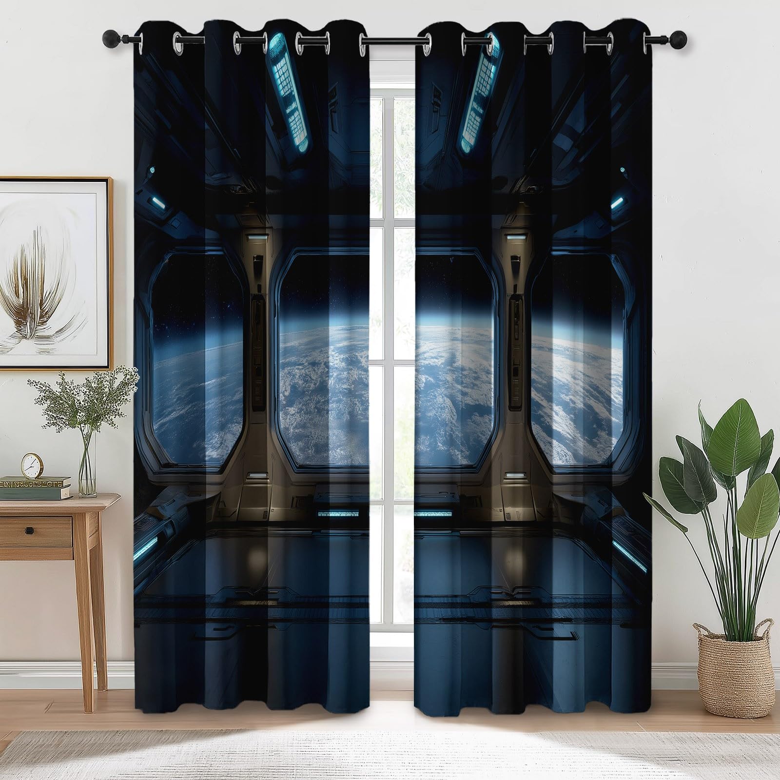 100% Rideau Occultant Bleu Rideaux Occultant Thermiques à Oeillets, Rideau Opaque imprimés Moderne Espace Vaisseau Spatial Decoration pour Chambre Salon, 140L X 200H cm (2 Panneaux)