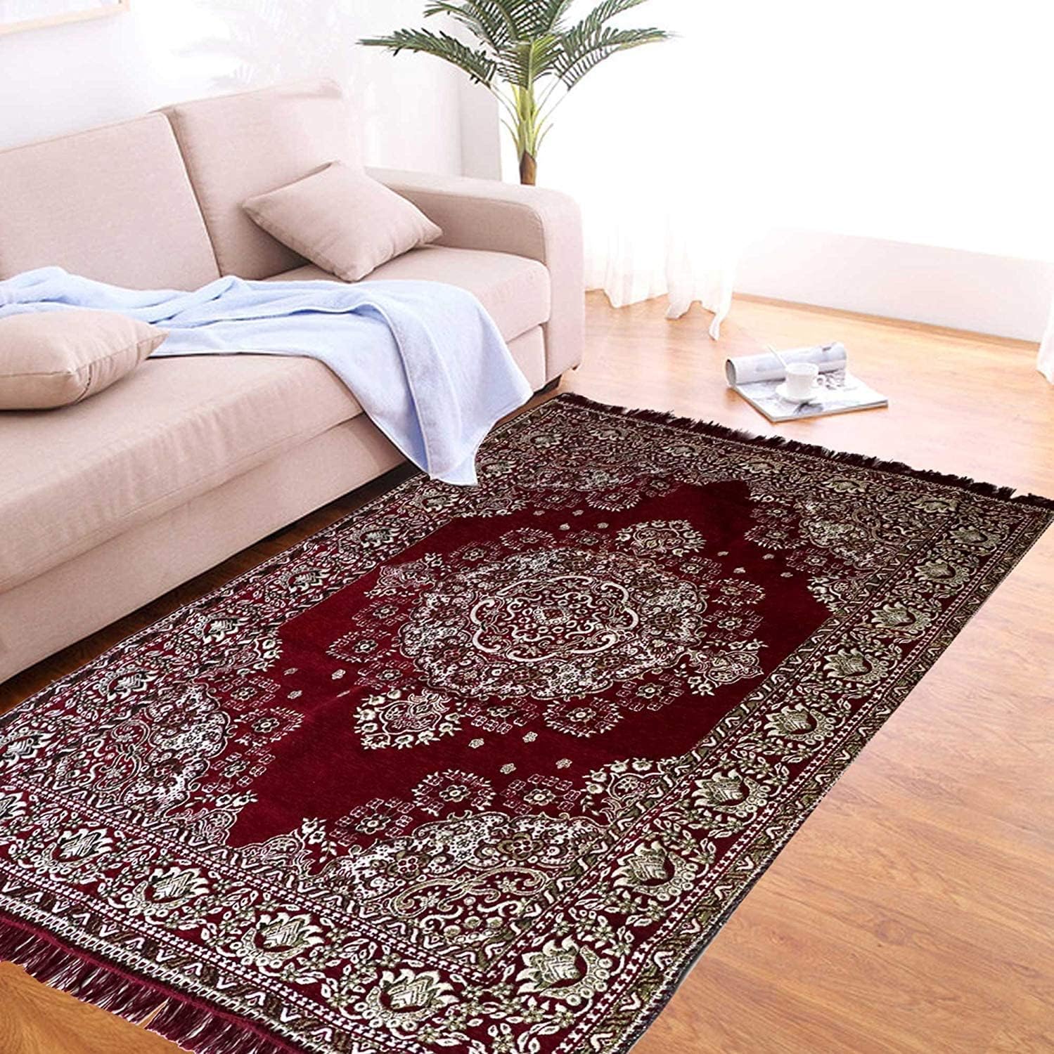 PEPONI 10/12 FT Floral Extra Long Velvet Touch Chenille Carpet (Chenille, 10 X 12 Feet) (Maroon 10/12 FT Carpet)