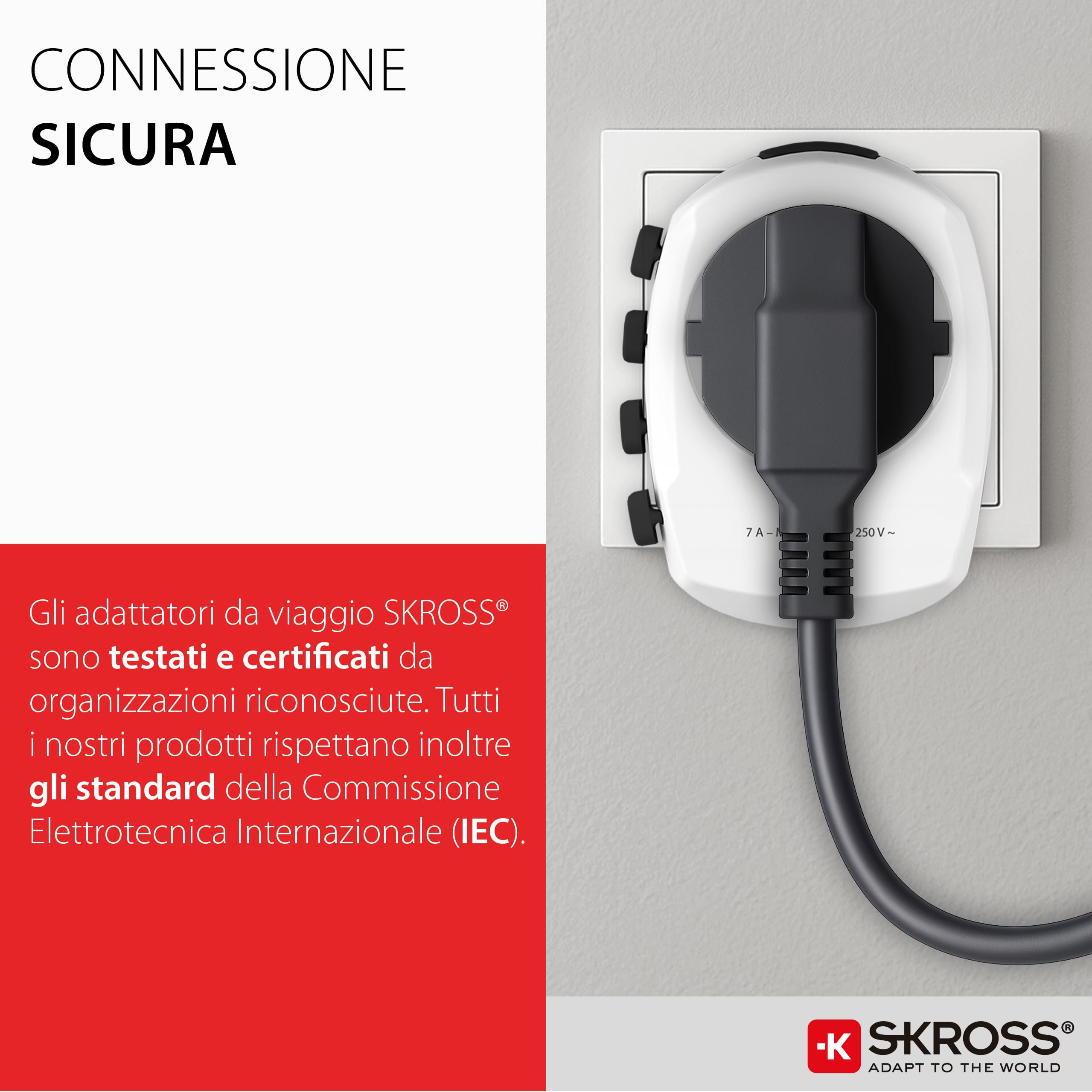 SKROSS | 1.103145 | PRO Light | Adattatore Universale da Viaggio a 2 e 3 Poli per Schuko. Tensione e Potenza nominale: 100V – 630W / 250V – 1575W - Adatto a PC e Asciugacapelli. Protezione Anti Scossa