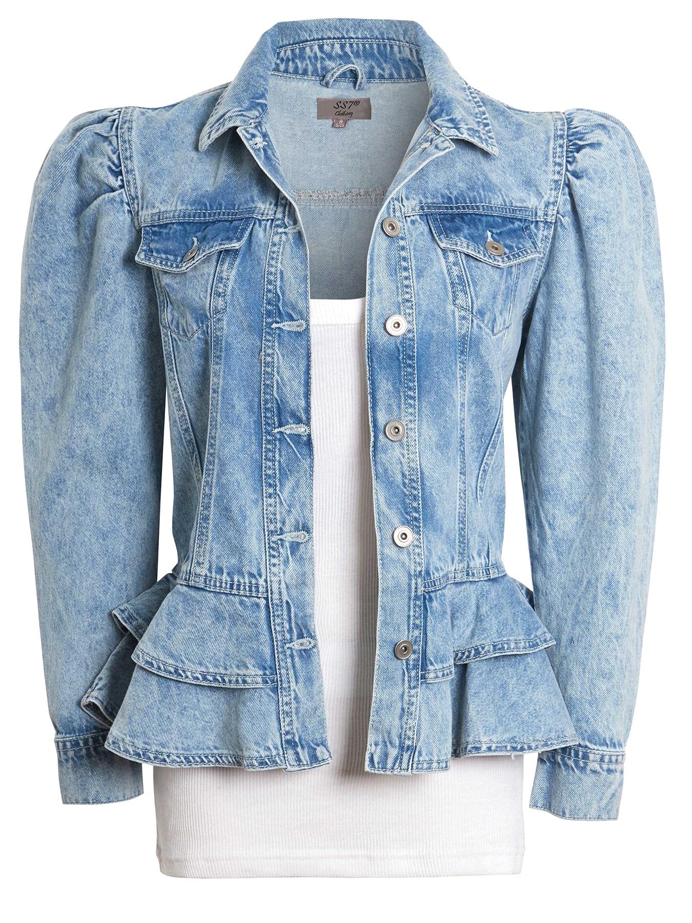 Ss7 Women's Blue Puff Sleeve Peplum Denim Jacket
