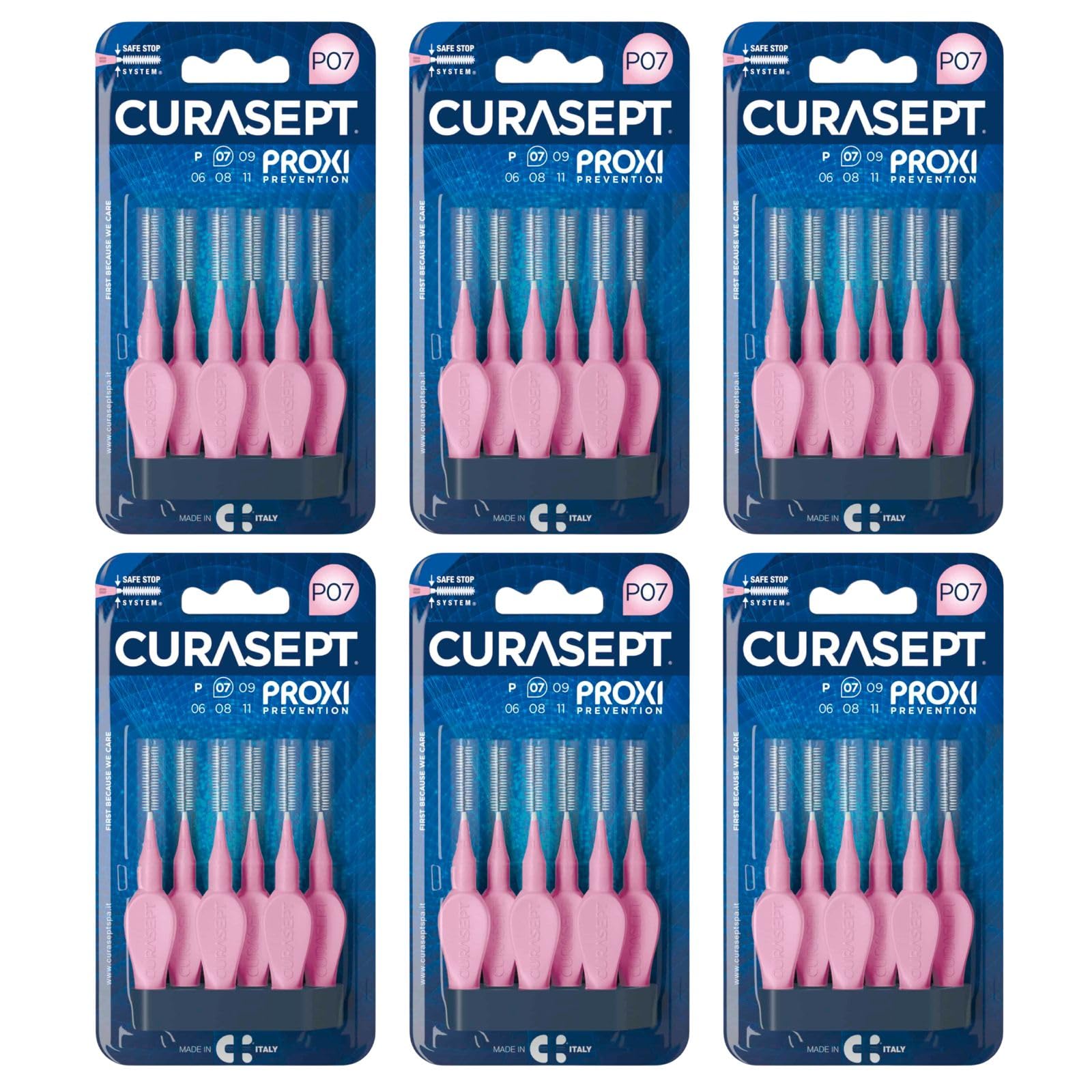 6 paquetes de cepillos Curasept originales | Cepillos interdentales Proxi P07 (hilo 0,7 mm) | Rosa | Limpieza profunda de la placa | 6 unidades x Paquete – 36 cepillos