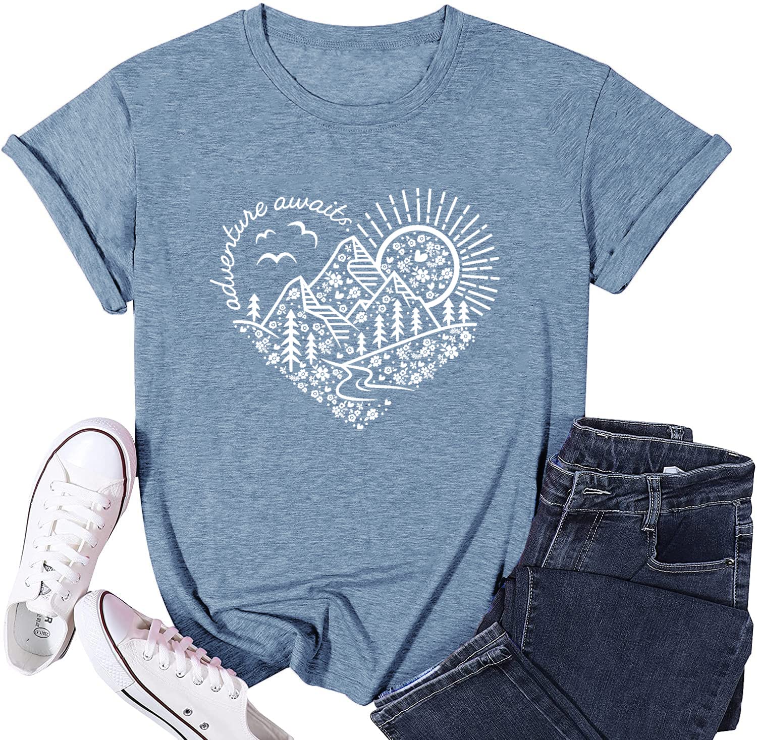 Women Adventure Awaits Outdoor Graphic Tee Shirt Kindness Heart Printed Hike Mountain Nature Travel Shirt Workout Tops