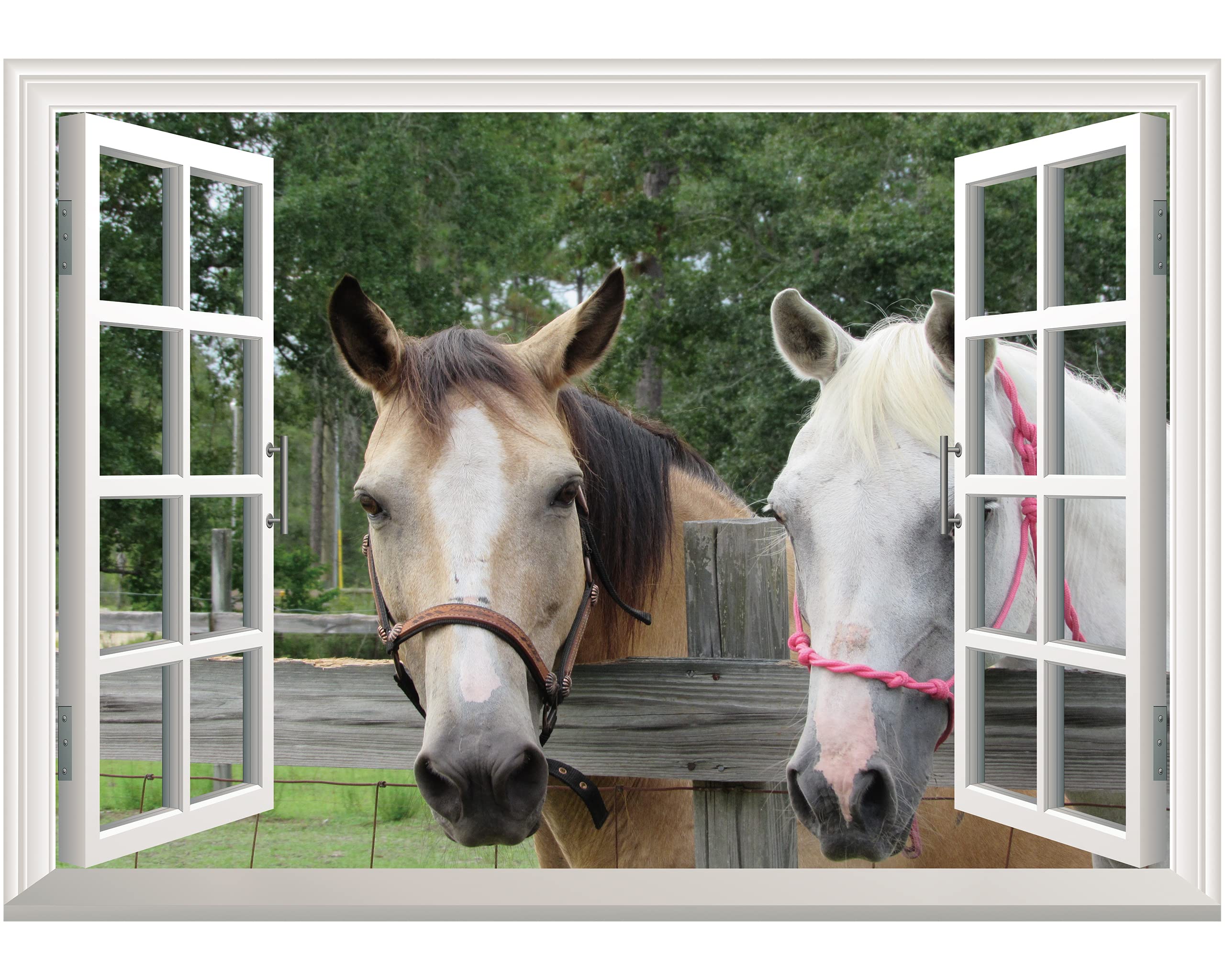 FLFK Fake Window Wall Sticker - Horse Faux Window Wall Mural for Wall Decor, Stick and Peel Wall Decals,16"x24"