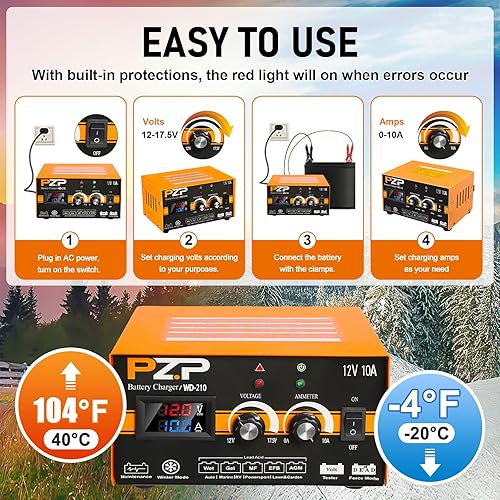 Miniatura 5 de PZP - Cargador de batería de 0-10A de 12 voltios, automóvil, barco, camión, automóvil, motocicleta, RV, cortacésped, 12V, cargador manual