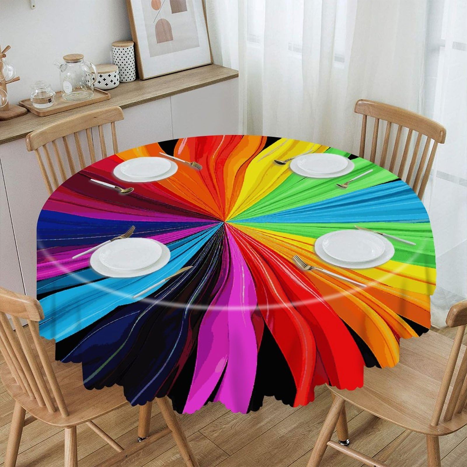 FekiLoot 60 Inch Round Rainbow Colours Tablecloth Waterproof Heavy Duty Polyester Table Cloth Spill-Proof Wipeable Table Cover Decorative Circle Dining Tablecover for Party Outdoor